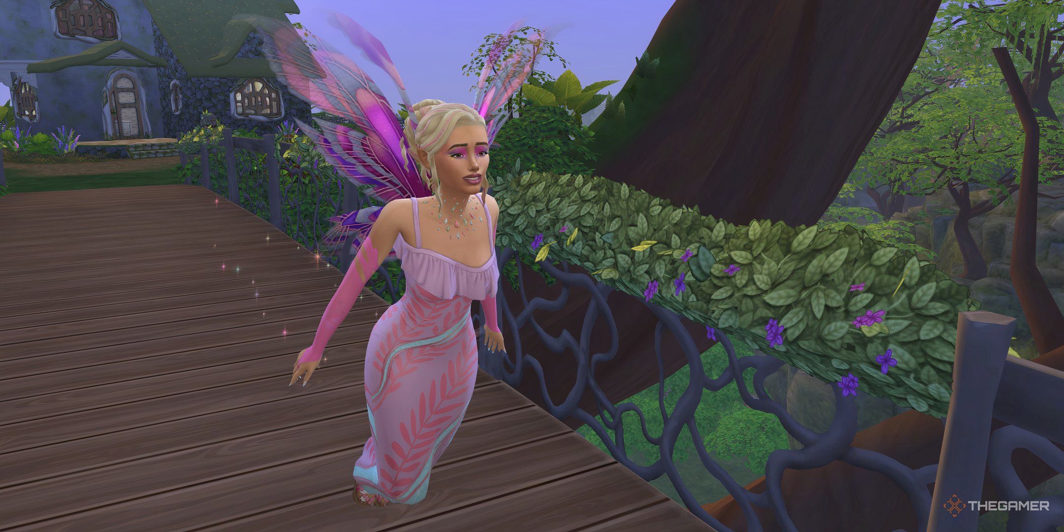 A fairy Sim flying over a bridge in The Sims 4 Enchanted by Nature.