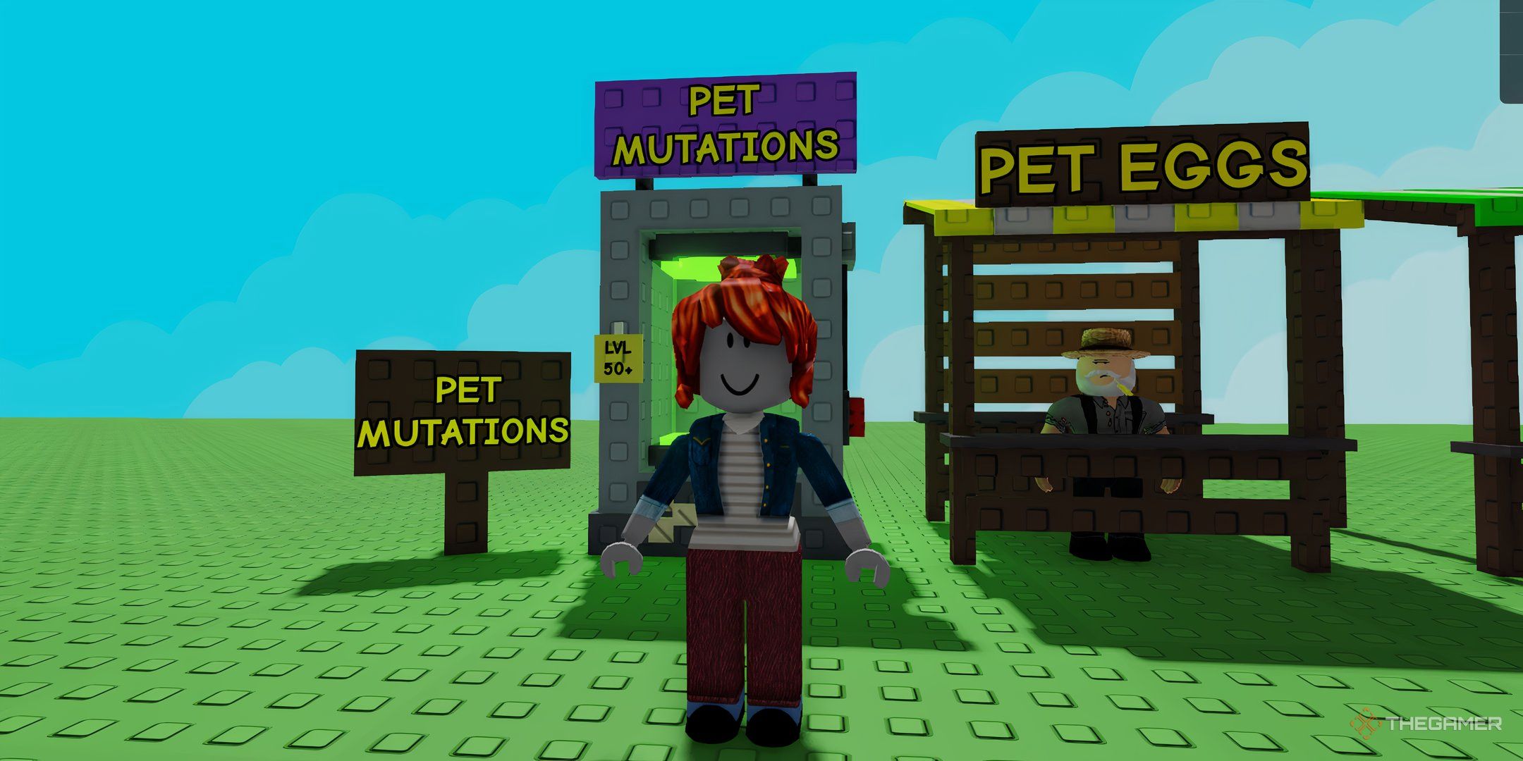 A player in front of the Pet Mutation booth in Roblox Grow a Garden.