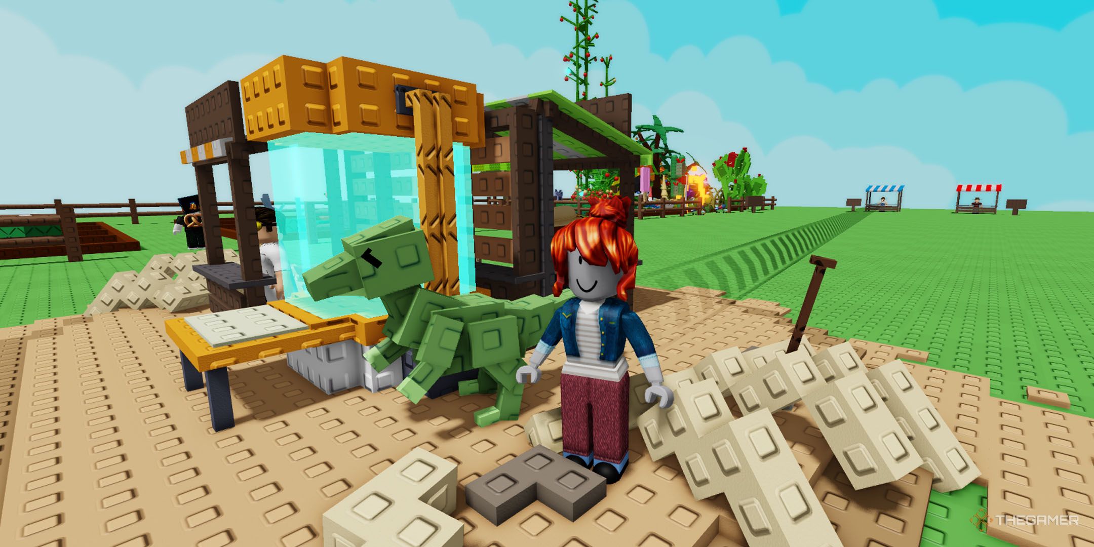 A Roblox character beside a dinosaur in Grow A Garden.
