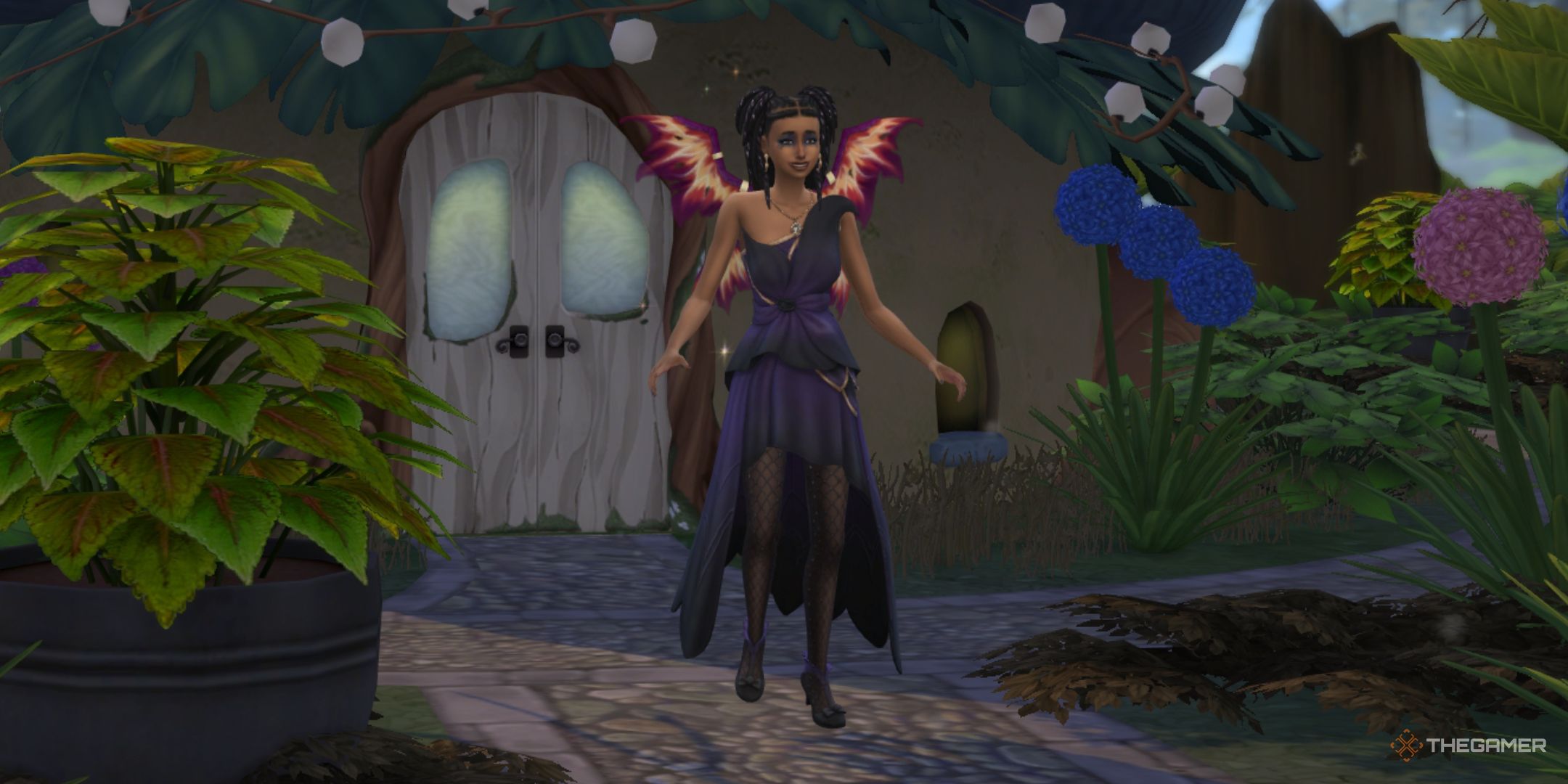 A sim flying outside the fairy hub in Everdew in The Sims 4 enchanted by nature.