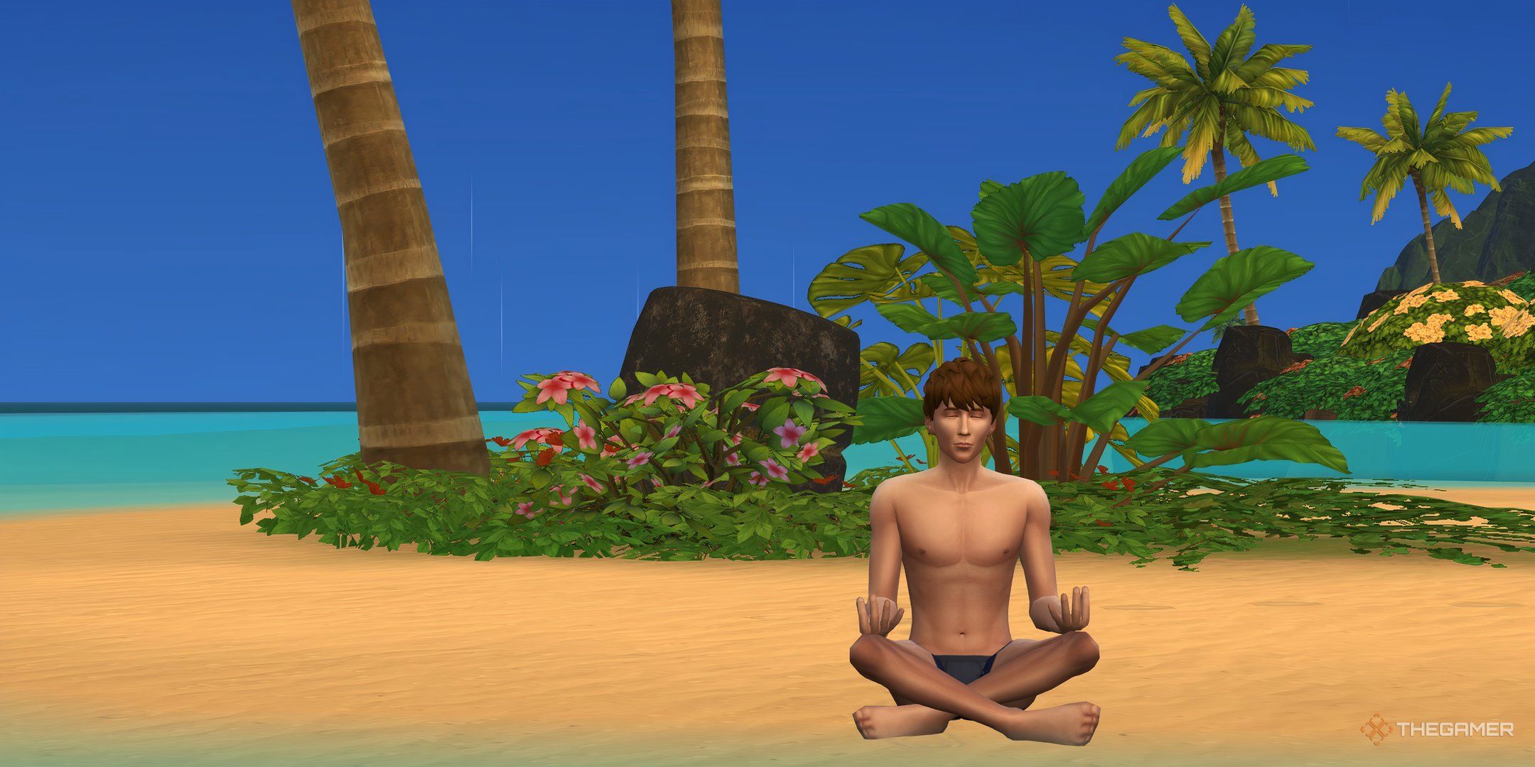A Sim meditating on the beach in Sulani in The Sims 4.