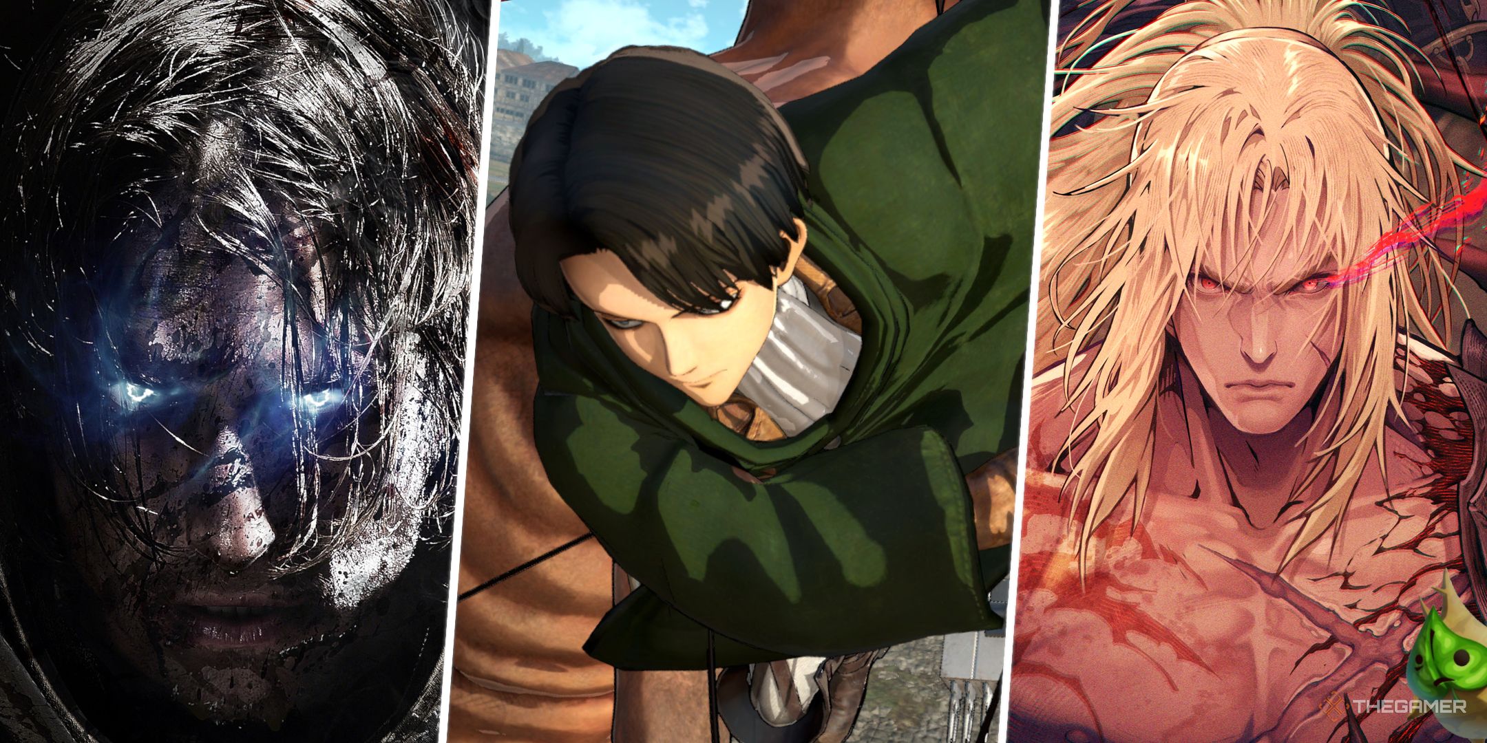 A split image featuring Khazan, Levy, and Shadow of Mordor guy with a little Korok in the corner.