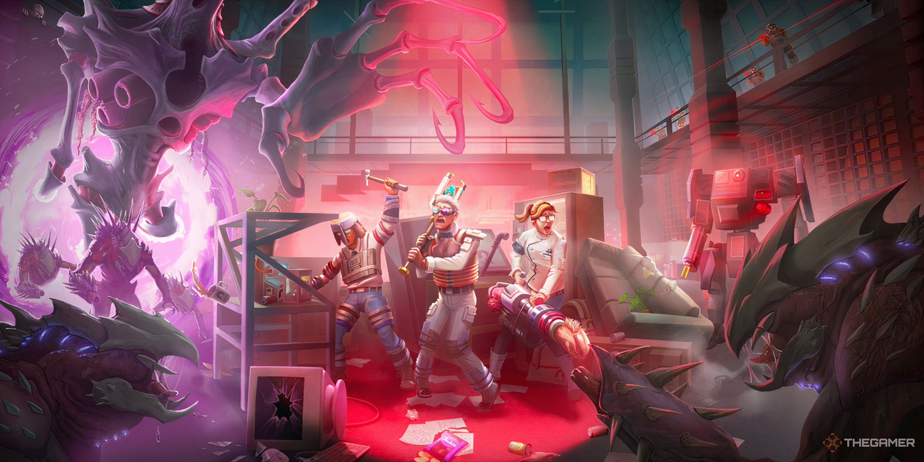 Abiotic Factor Splash Screen offical art of three scientists holding off against monsters.