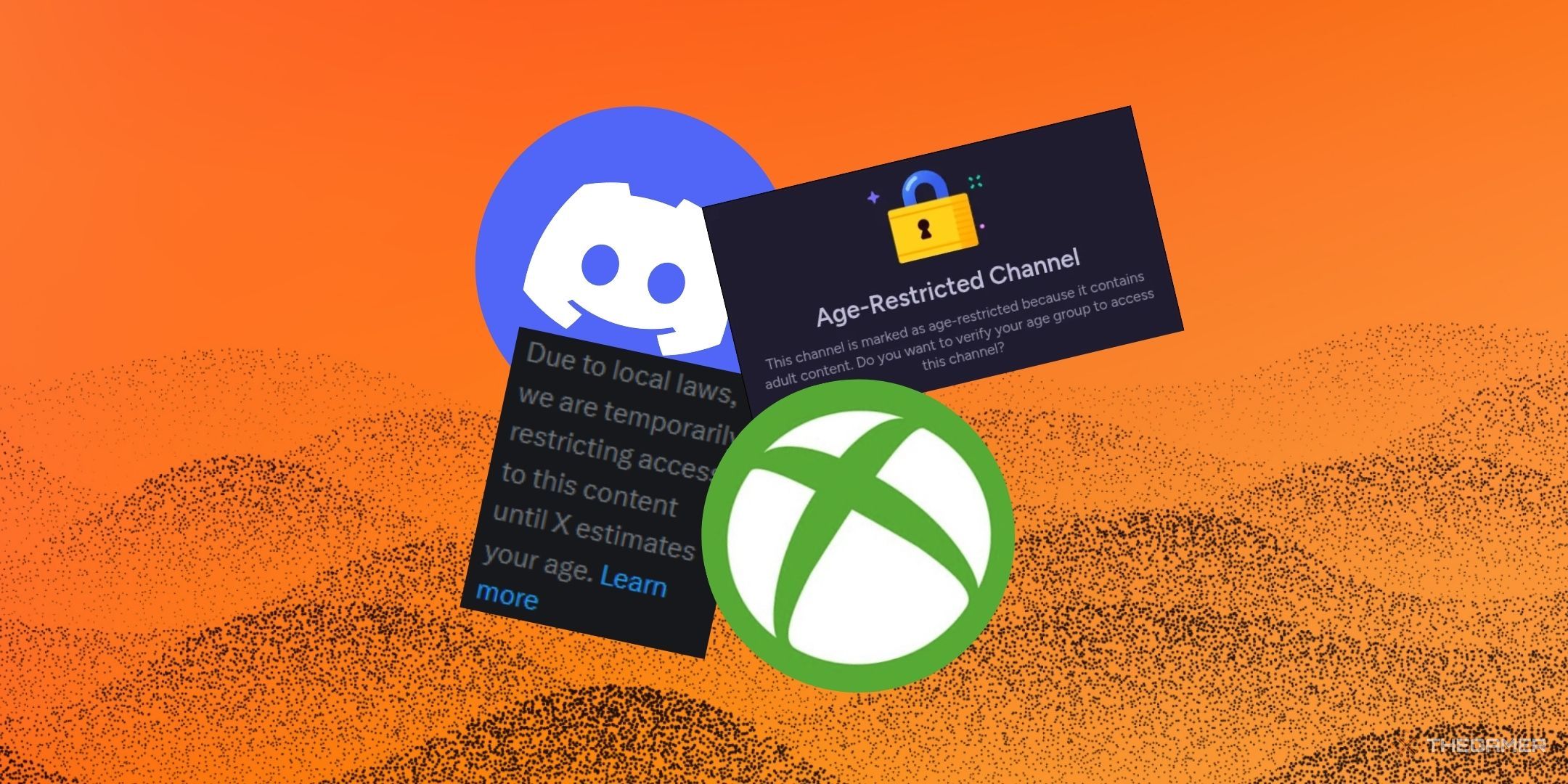 An image showing the Discord logo, Xbox logo, and age restriction warning on Twitter and Discord.