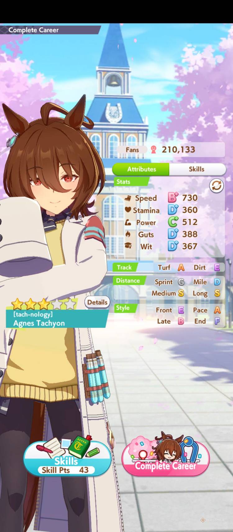 Agnes Tachyon stats are shown in Umamusume Pretty Derby.