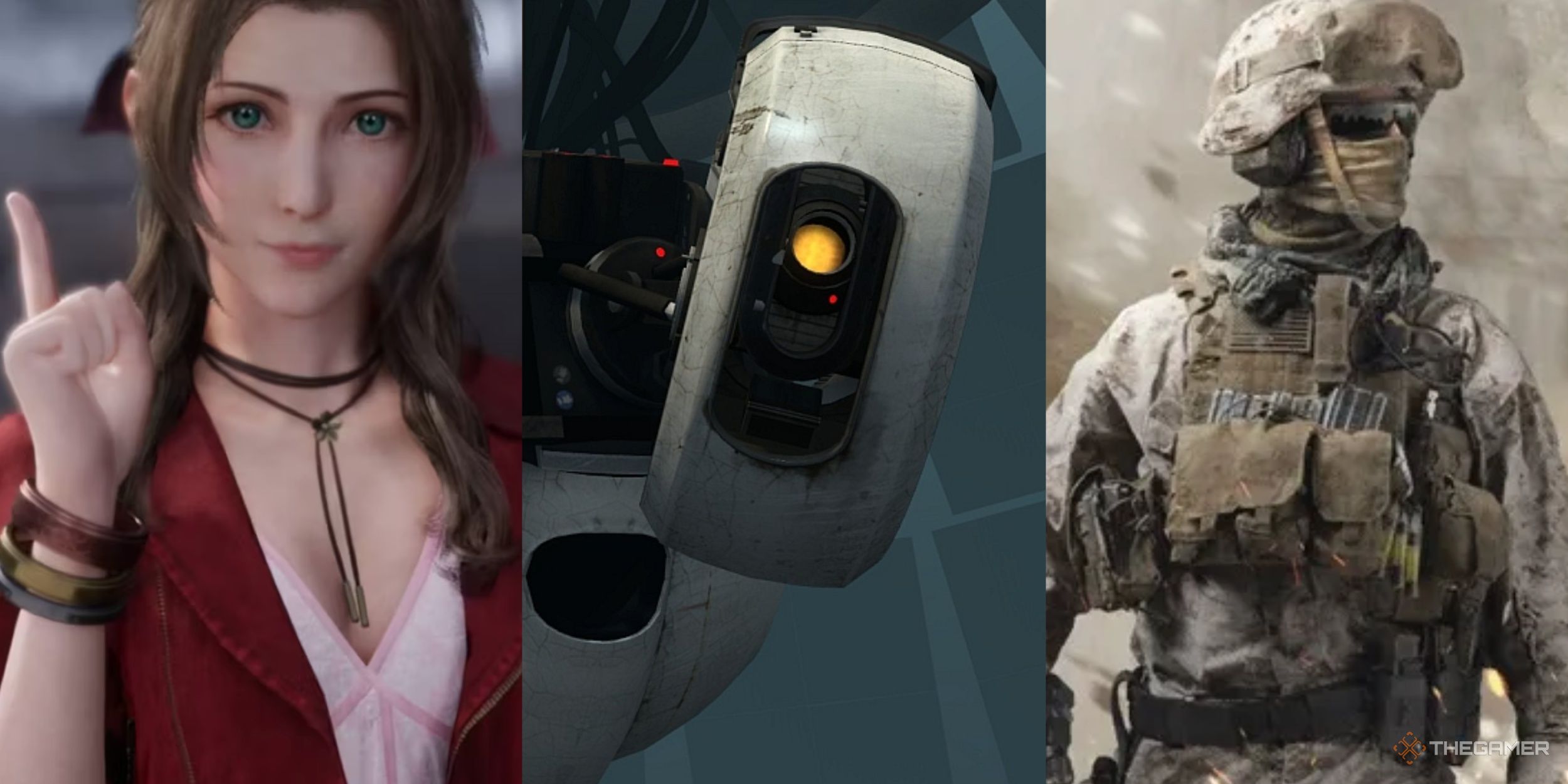 A collage of images showcasing (From Left to Right) Aerith from Final Fantasy 7 Rebirth, GLaDOS from Portal 2, and the Soldier from the cover art of Call of Duty: Modern Warfare 2.