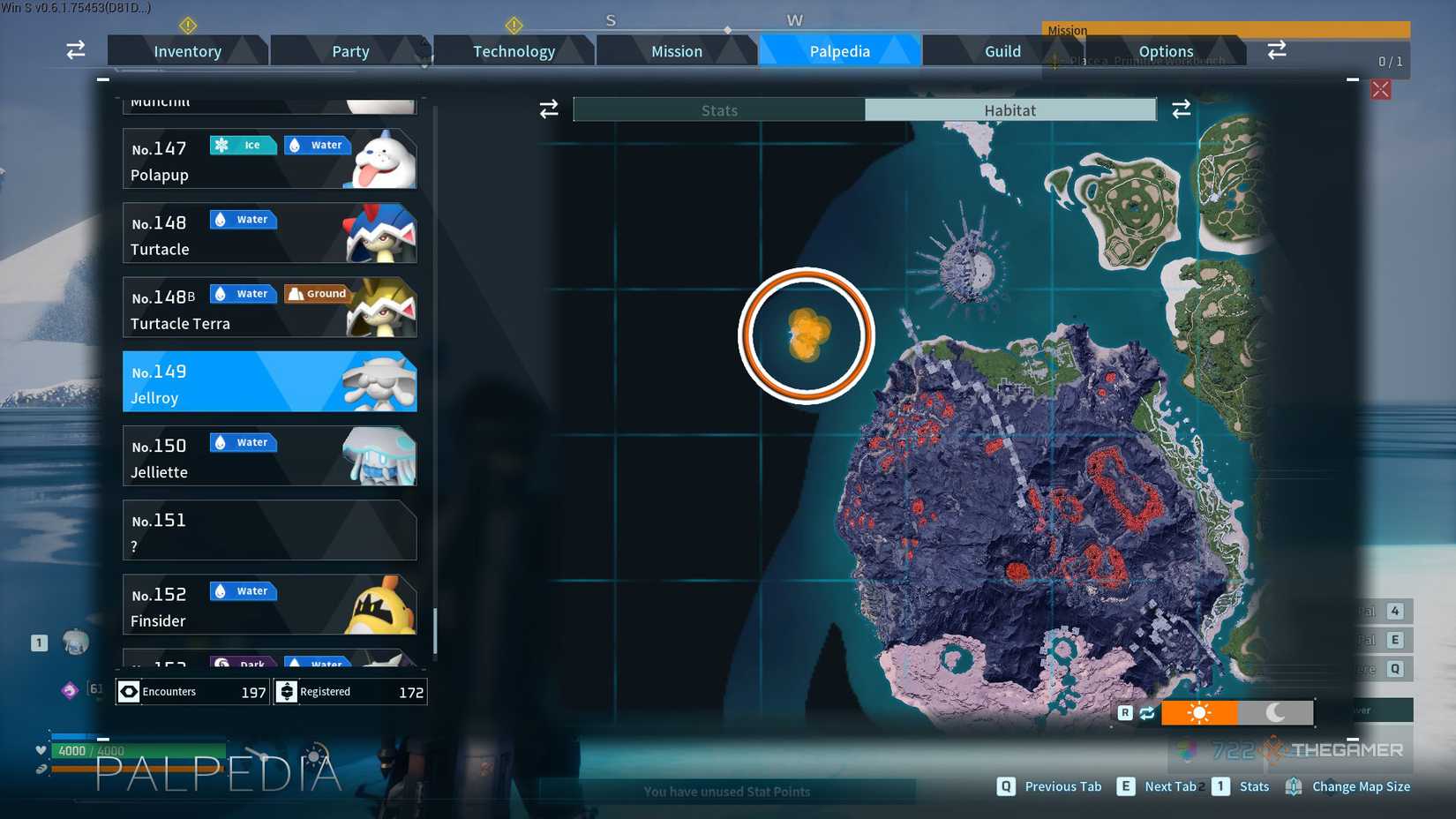 An orange circle shows the spawning location of Jellroy, Phantom Isle in Palworld.