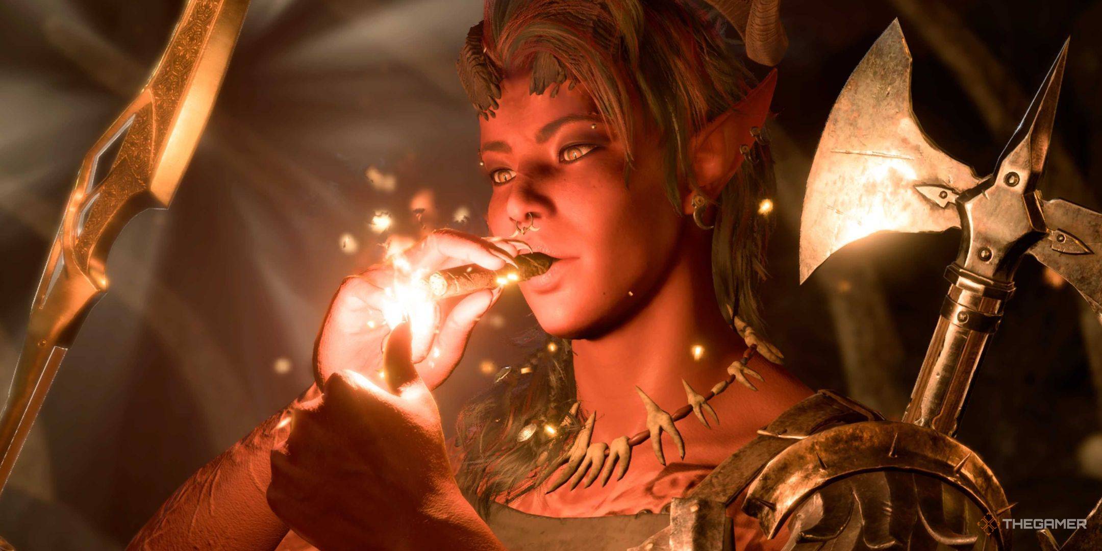 Karlach, a muscular red tiefling, lighting a cigar.