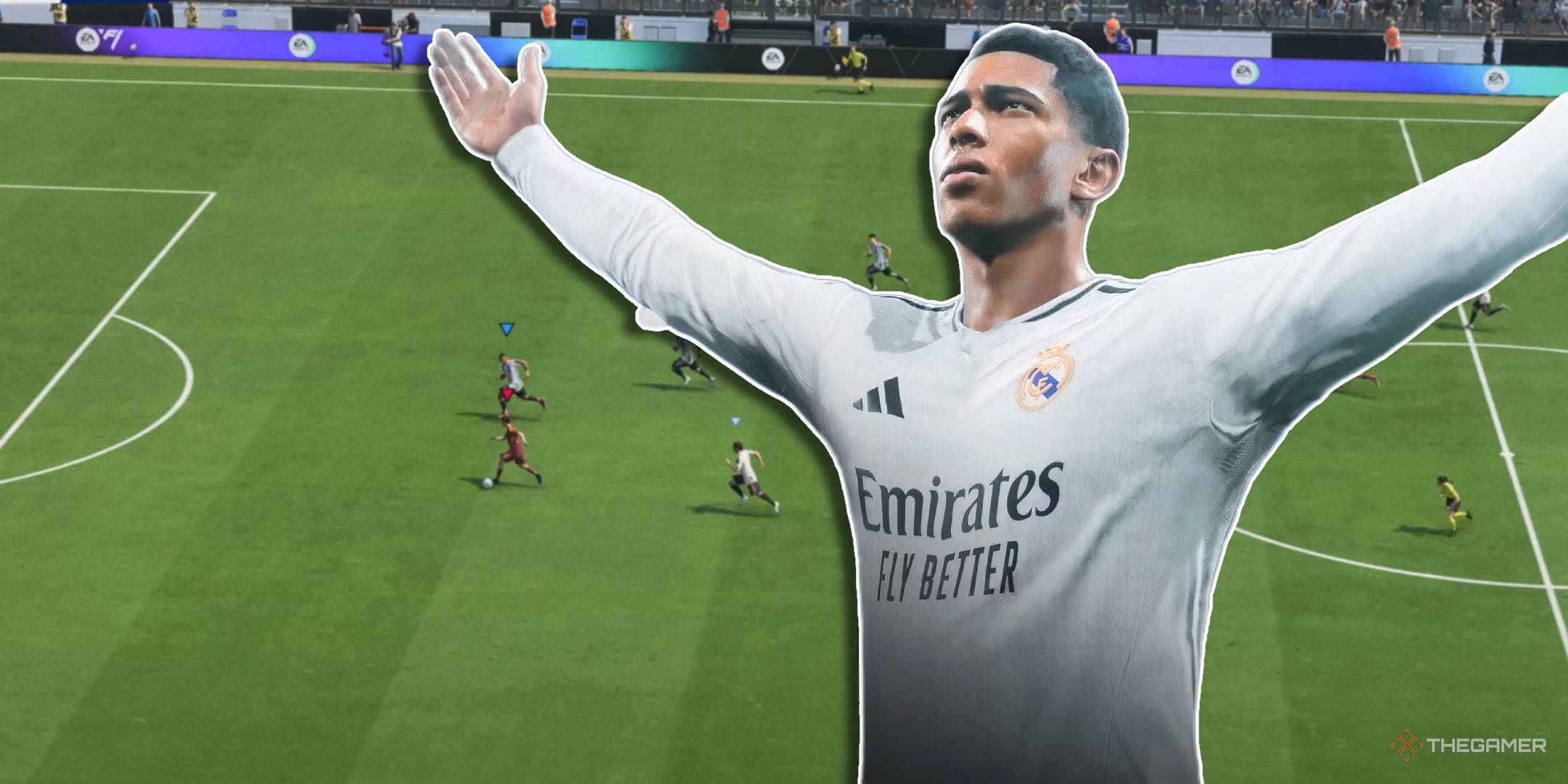 Bellingham celebrating over a screenshot of an EA Sports FC 26 match