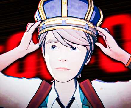 The protagonist in Blue Prince putting on a crown with a red countdown timer behind him that says 00:00:00.