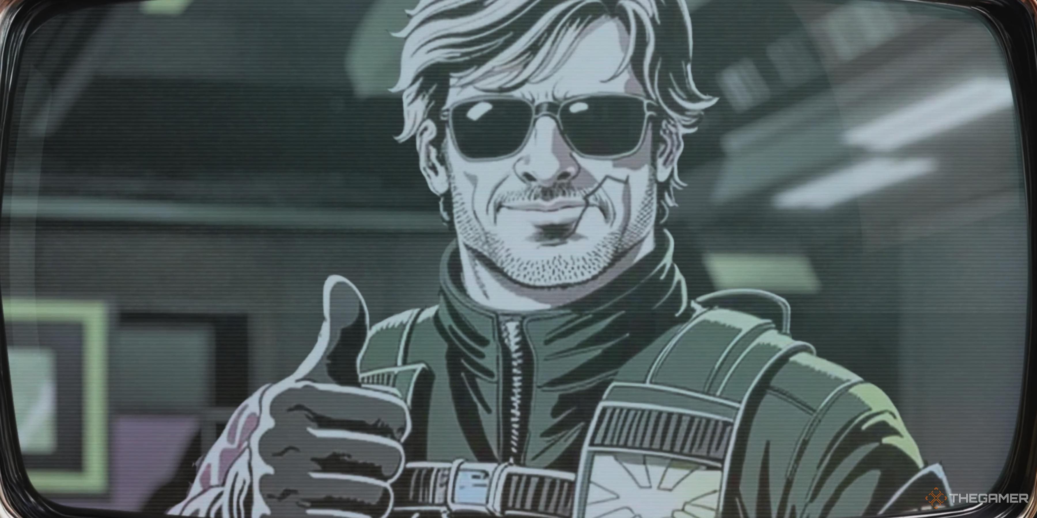 Cartoon Adler smiling and giving a thumbs up in Black Ops 6.