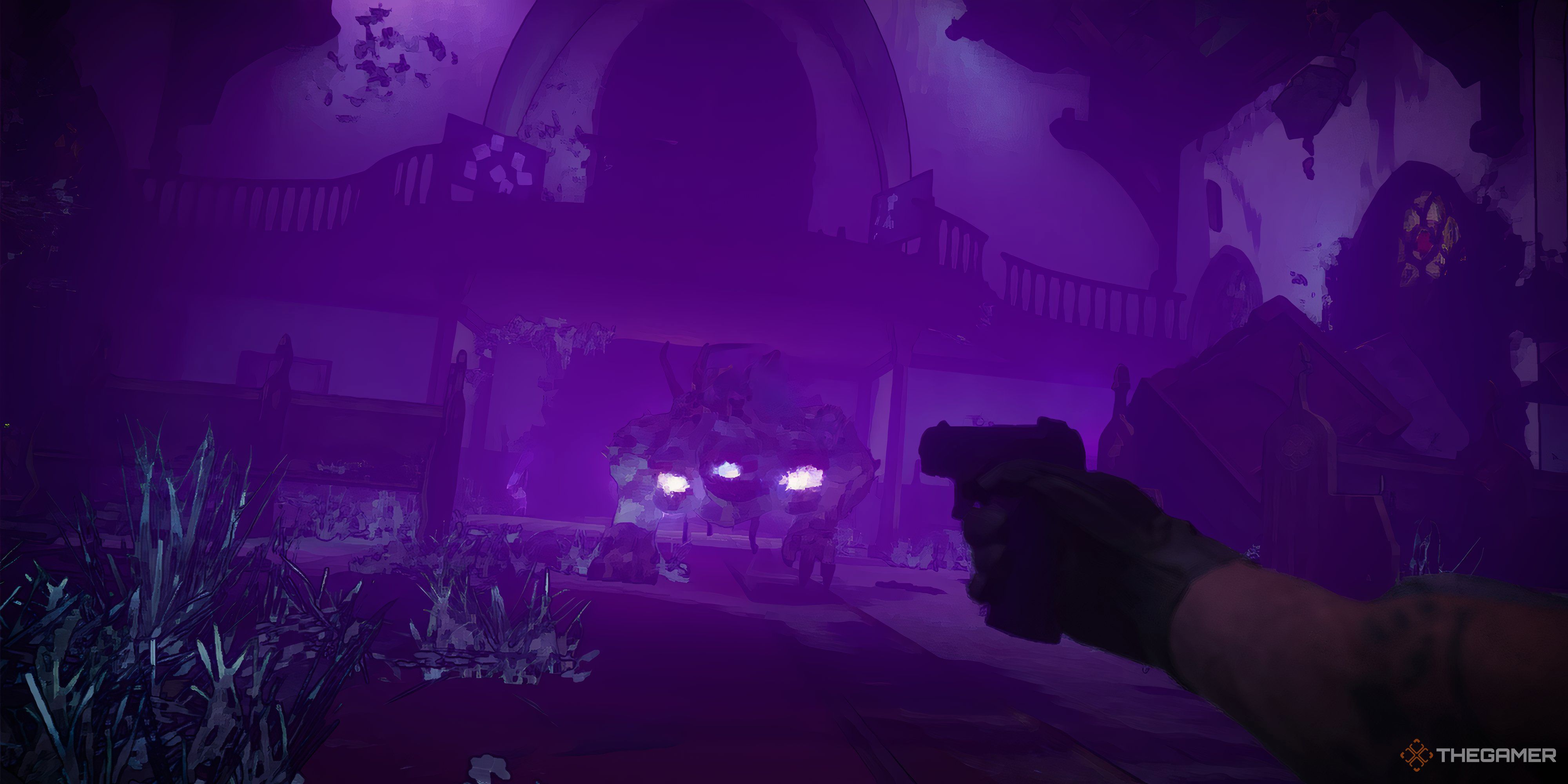 Mo with his three heads about to attack the player who has a gun pointing out at the monster in Call of Duty: Black Ops 6 Zombies. The room is purple. 