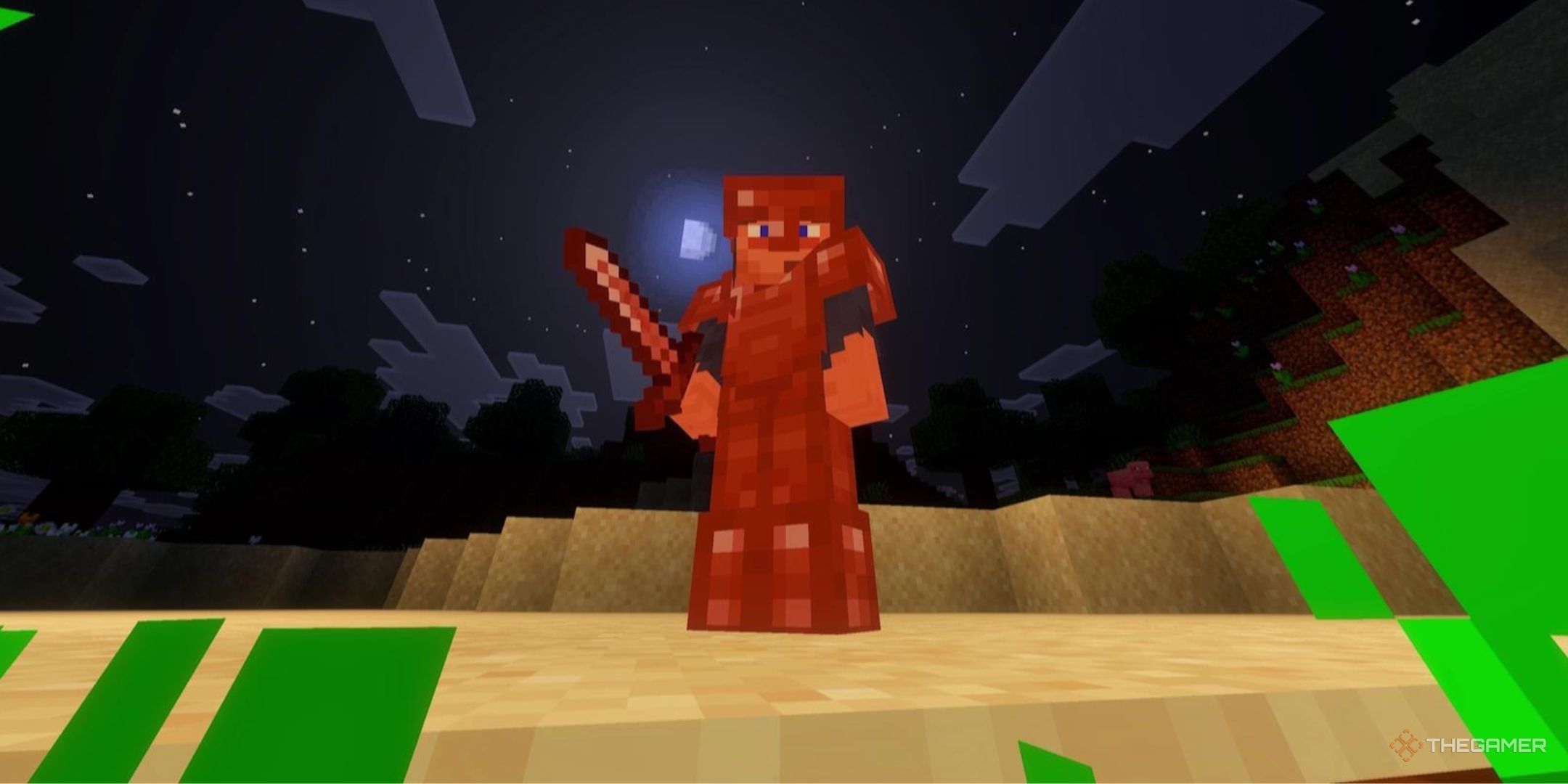 A very tired Minecraft character stares at the camera while wearing full copper armor and wielding a copper sword.