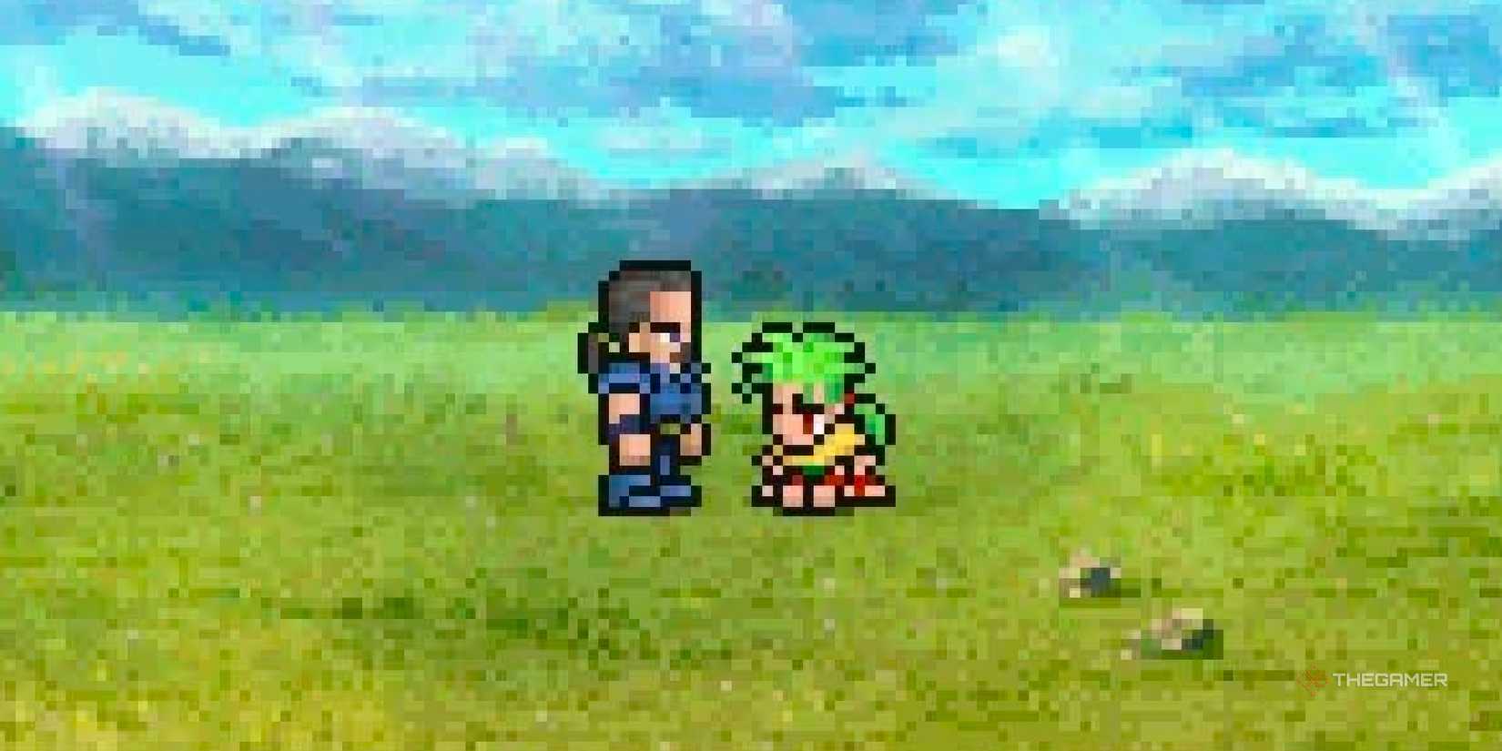 Cyan speaks with a couple in the field in the final fantasy VI Pixel Remaster.