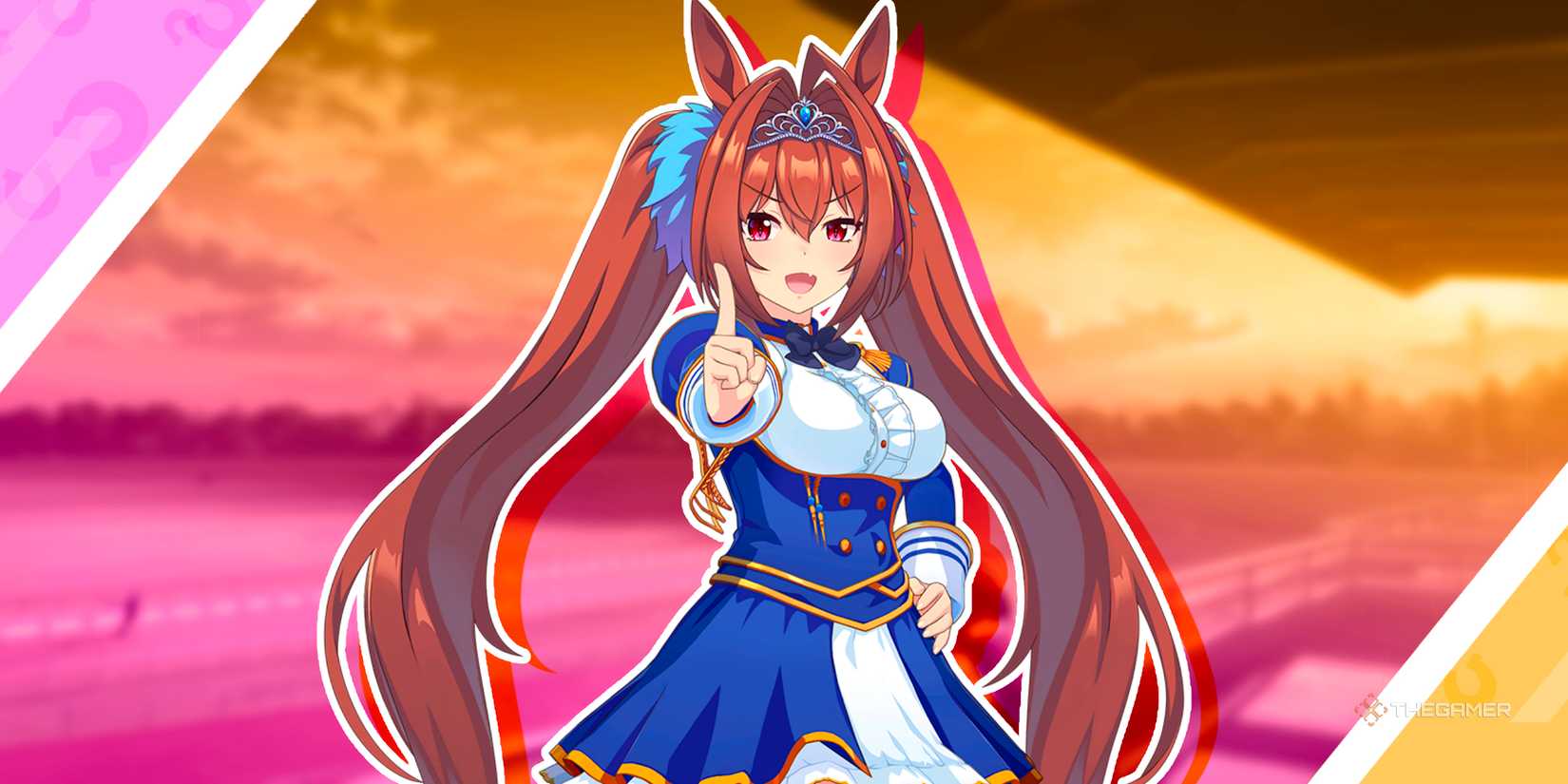 Daiwa Scarlet in her race outfit in front of a race track from Umamusume Pretty Derby.