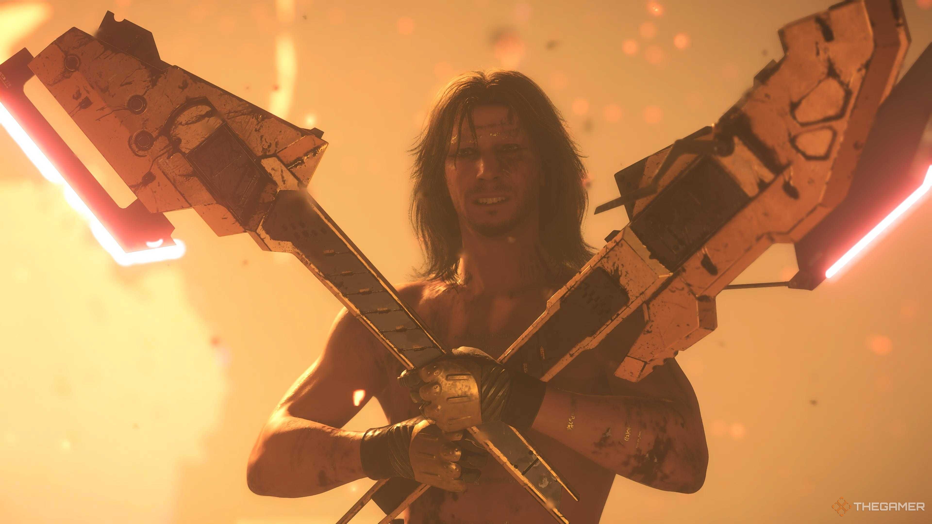 Higgs segurando seus machados de guitarra em Death Stranding 2