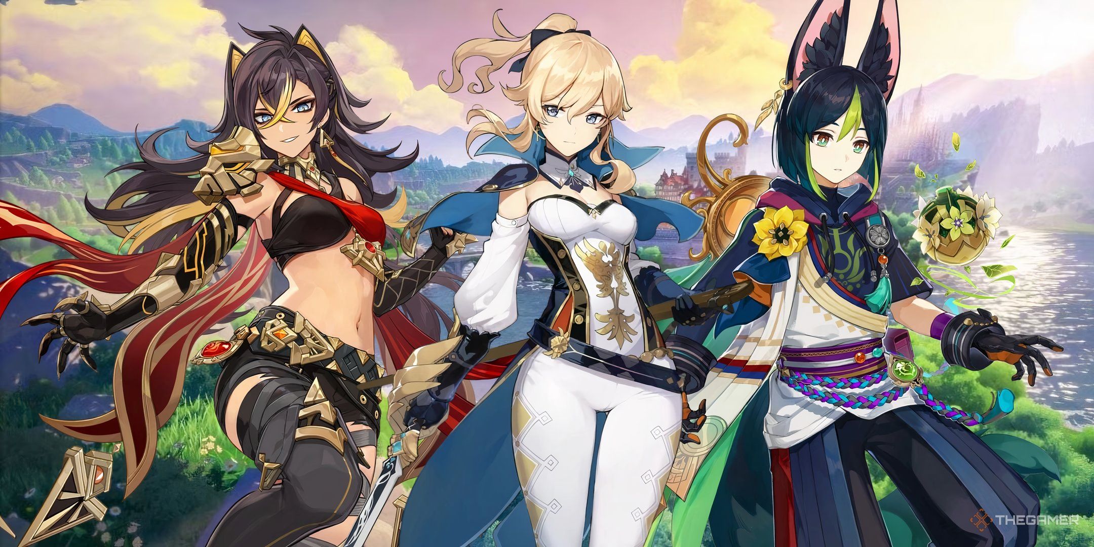 Dehya, Jean, and Tighnari in front of a Mondstat background in Genshin Impact.