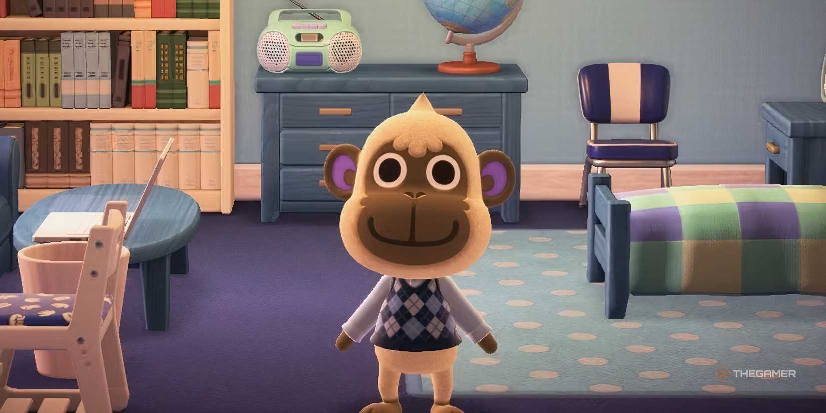 Deli smiles while standing in his room in Animal Crossing New Horizons.