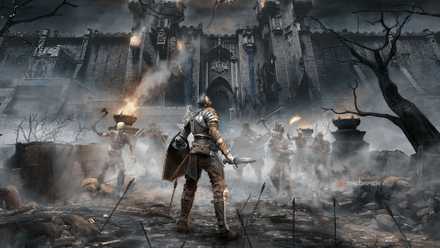 Demon's Souls key art depicting a nameless night facing a castle guarded by undead soldiers.