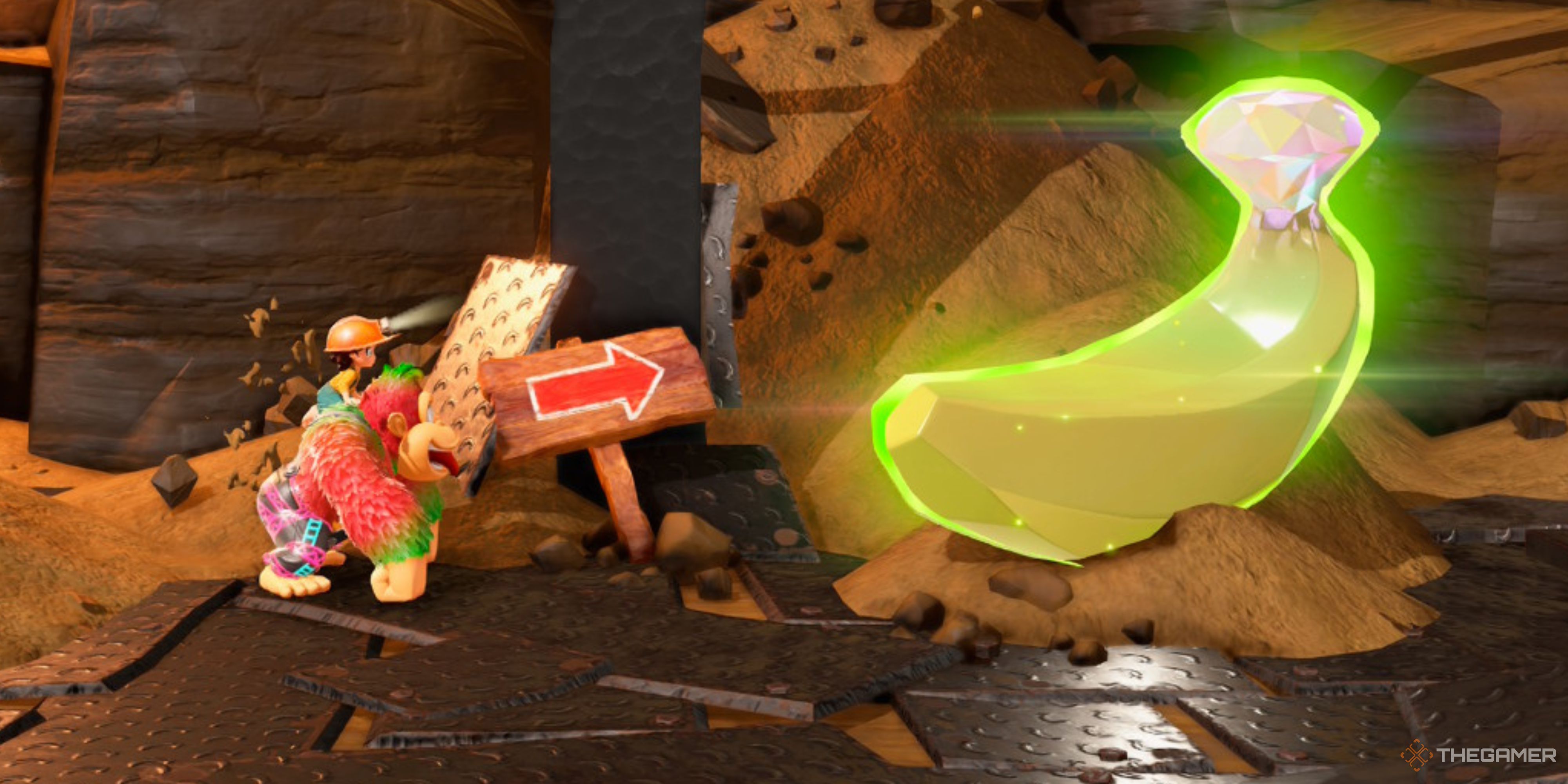 DK with Bananadium Gem in Mine Cart Country in Donkey Kong Bananza