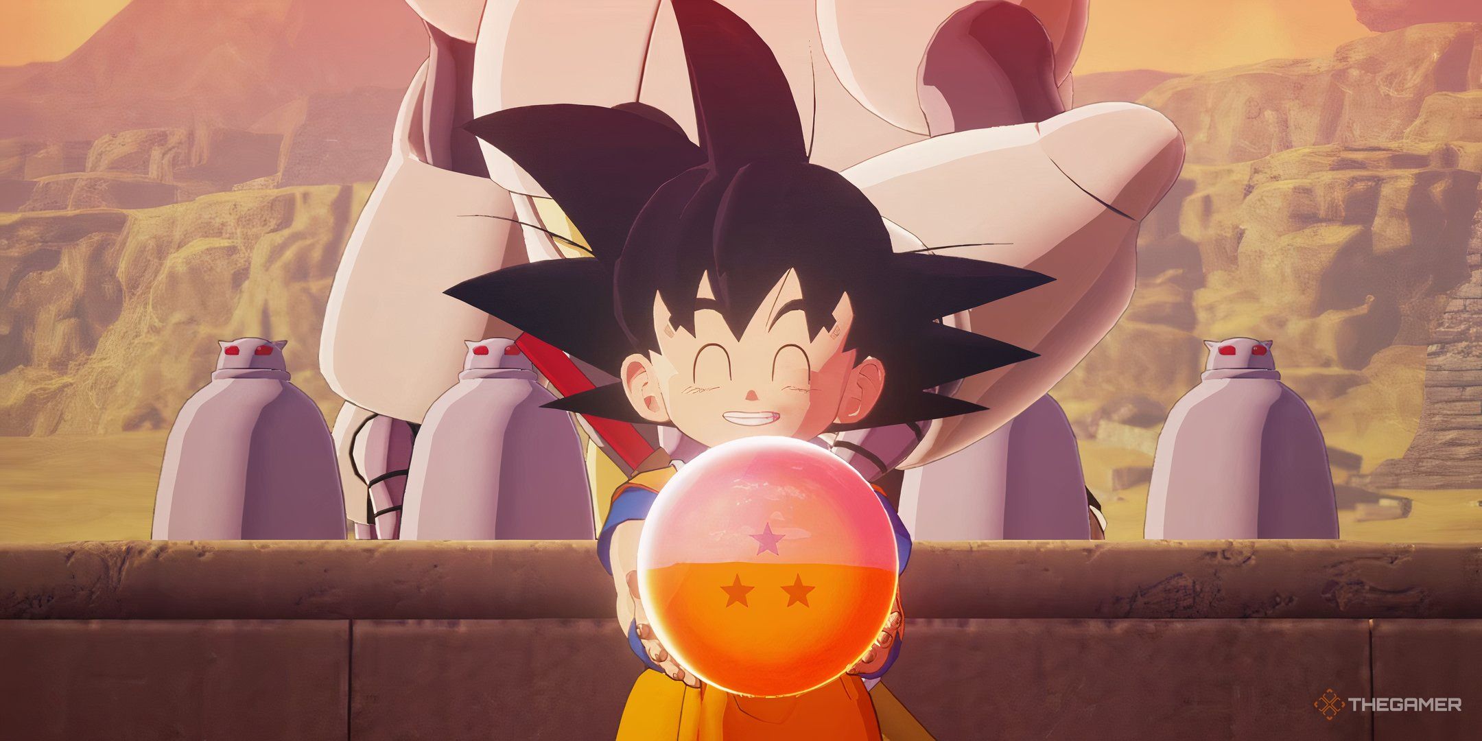 Goku holding the Three-Star Dragon Ball in Dragon Ball Z: Kakarot's Adventures Through the Demon Realm Part 1 DLC.