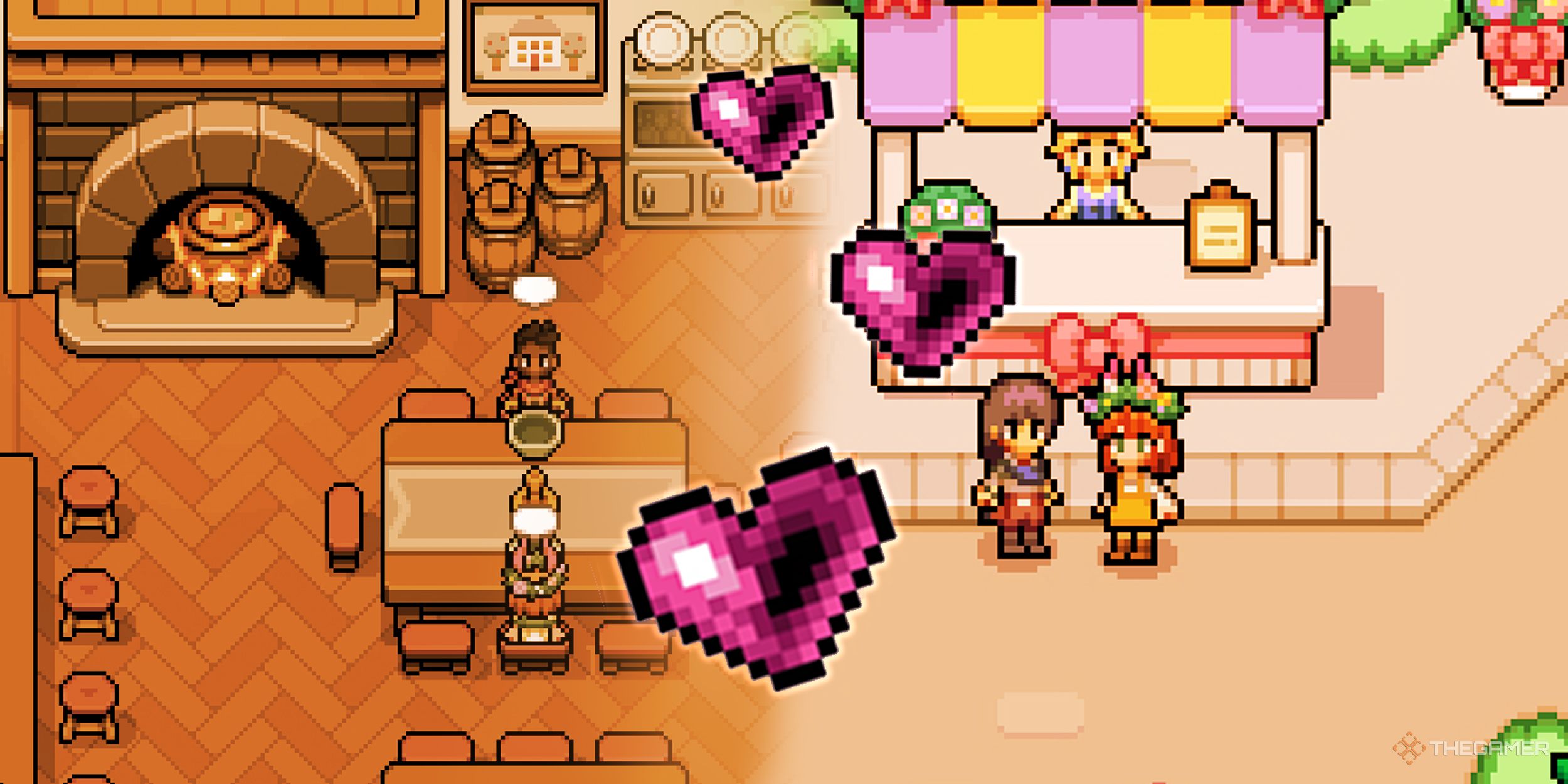 Collage of the farmer out on dates in town and at the inn with hearts overlayed.