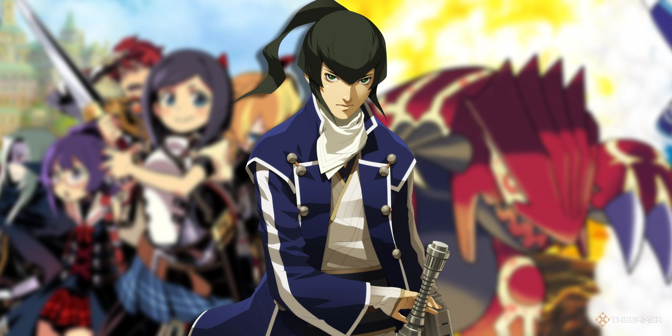 Flynn from Shin Megami Tensei 4 with an Etrian Odyssey and Pokemon background.