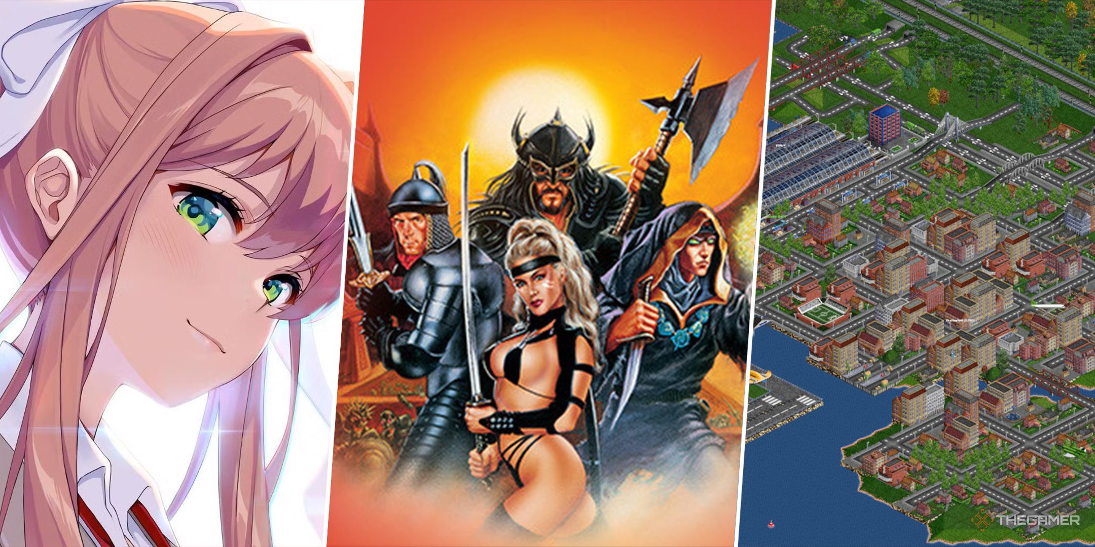A split image featuring Doki Doki Literature Club, The Elder Scrolls: Arena, and OpenTTD.