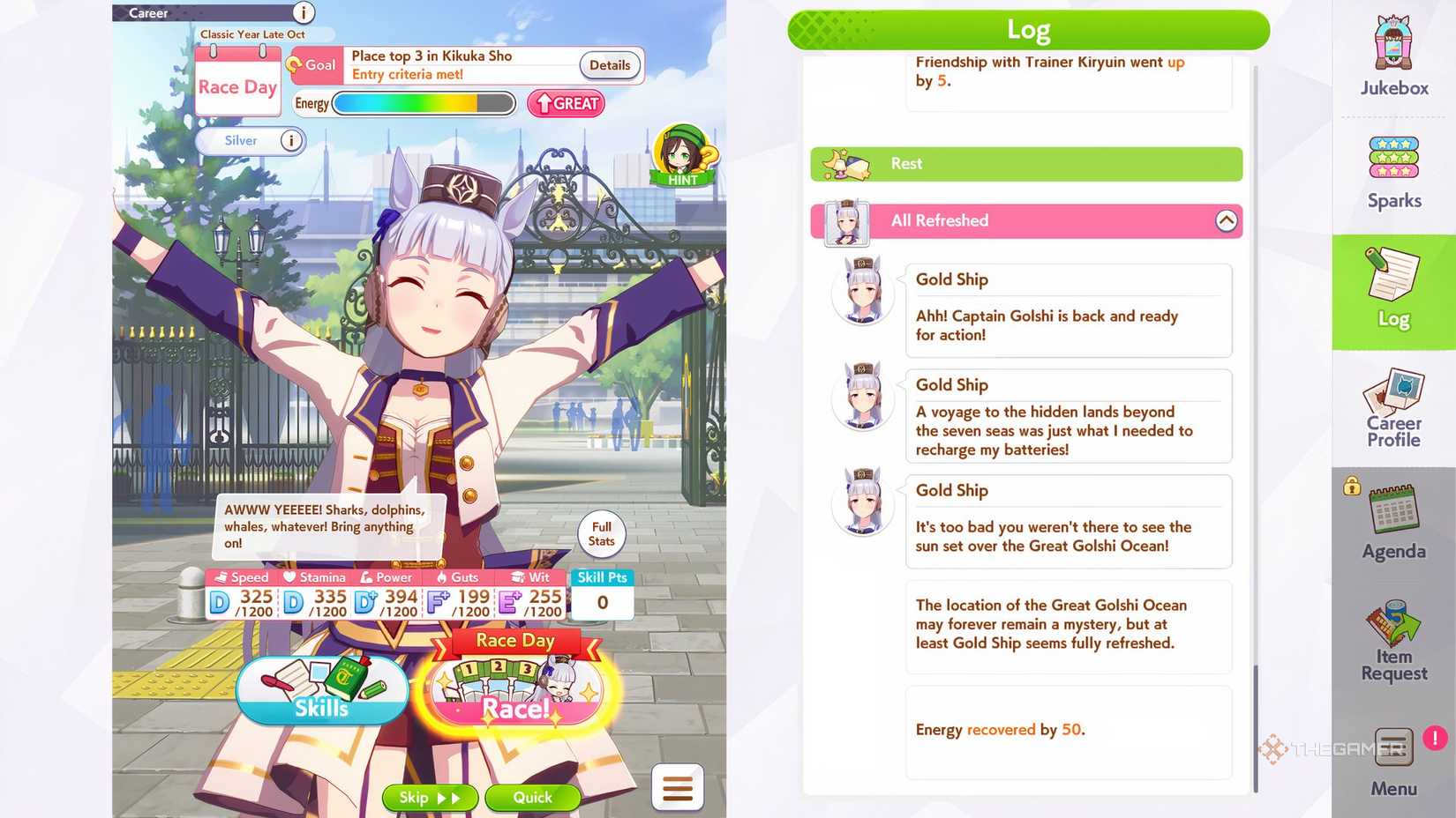 Gold Ship training screen is shown in Umamusume Pretty Derby.