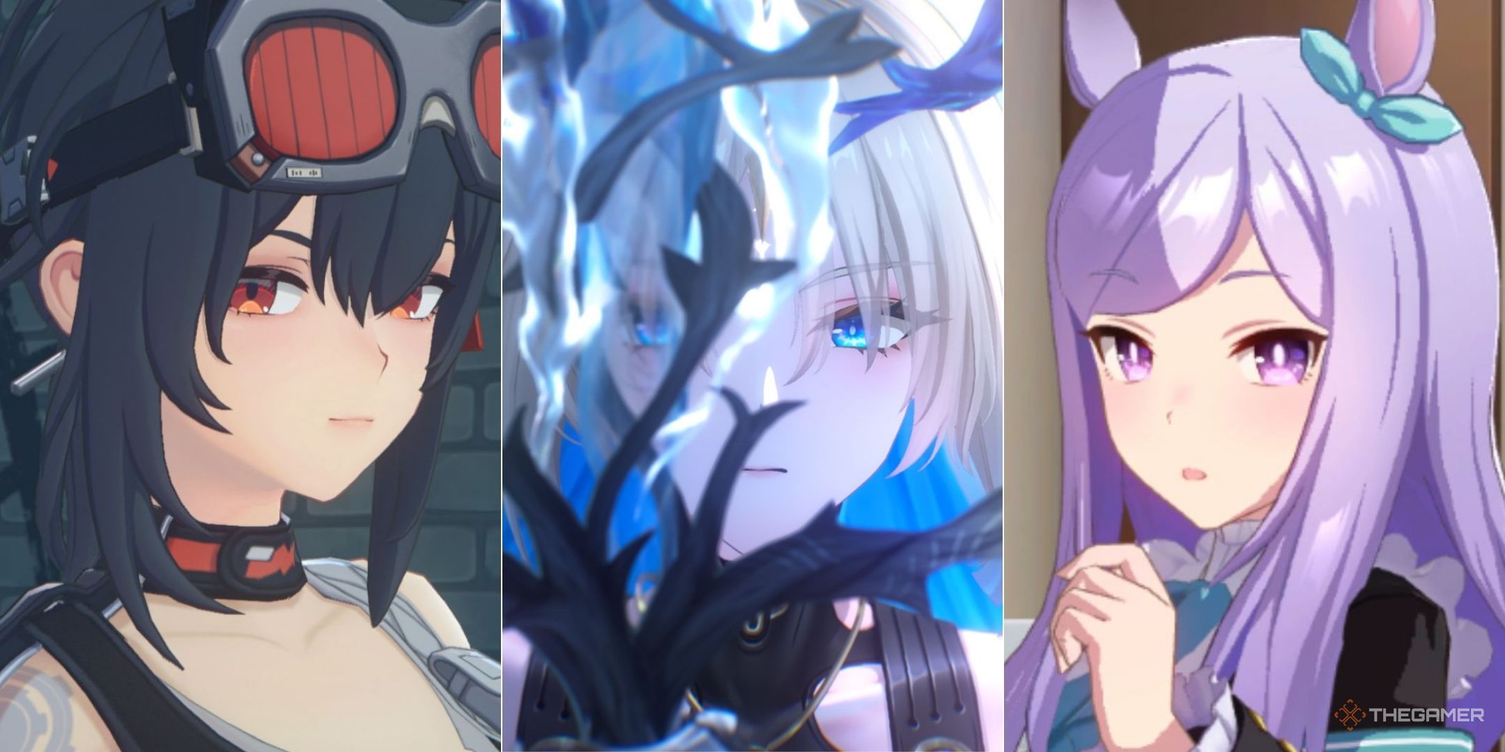 एउटै तस्वीरमा विभिन्न खेलहरूबाट Grace, Fleurdelys, र Mejiro McQueen।