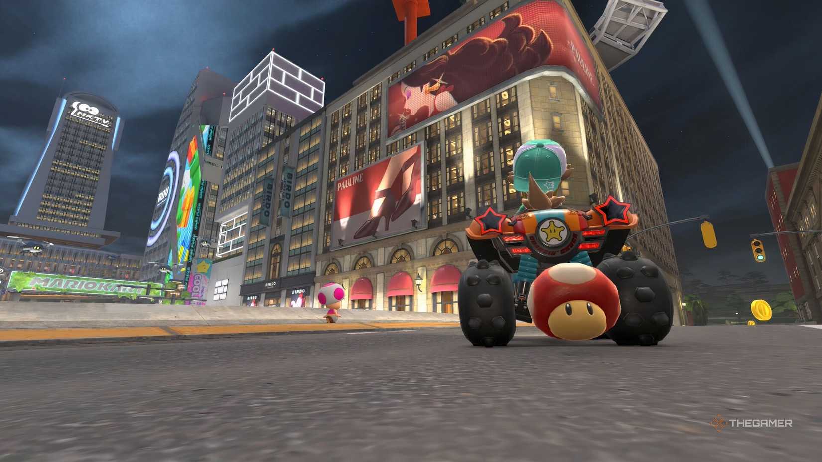 Rosalina is looking at a variety of high -rise buildings in Mario Kart World.