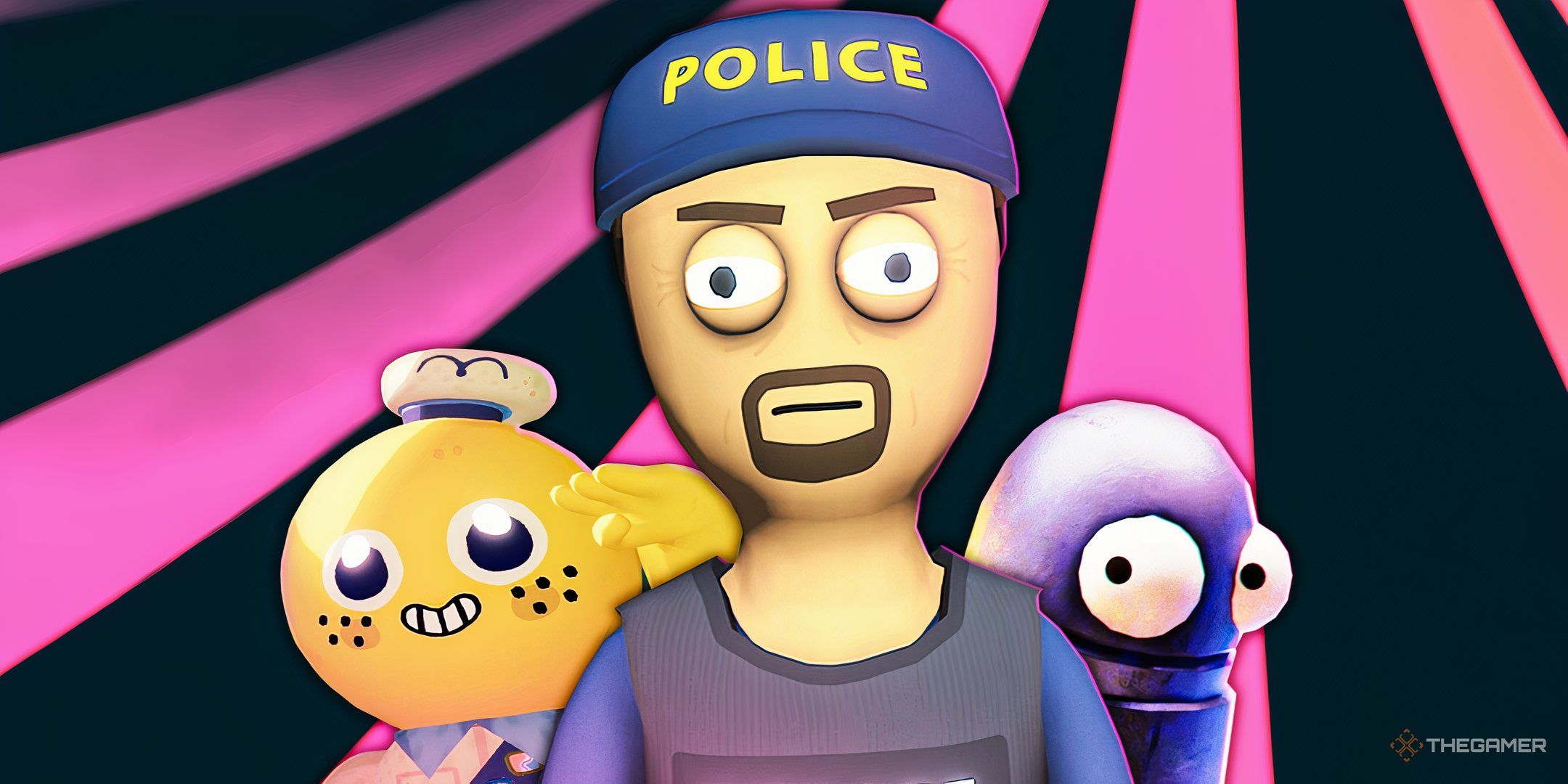 Peak, REPO and Schedule 1 characters on pink and black backgrounds.