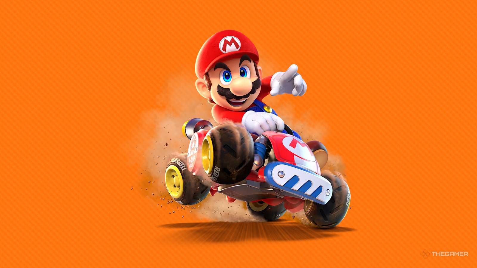 Mario in a kart from Mario Kart World riding over an orange background.