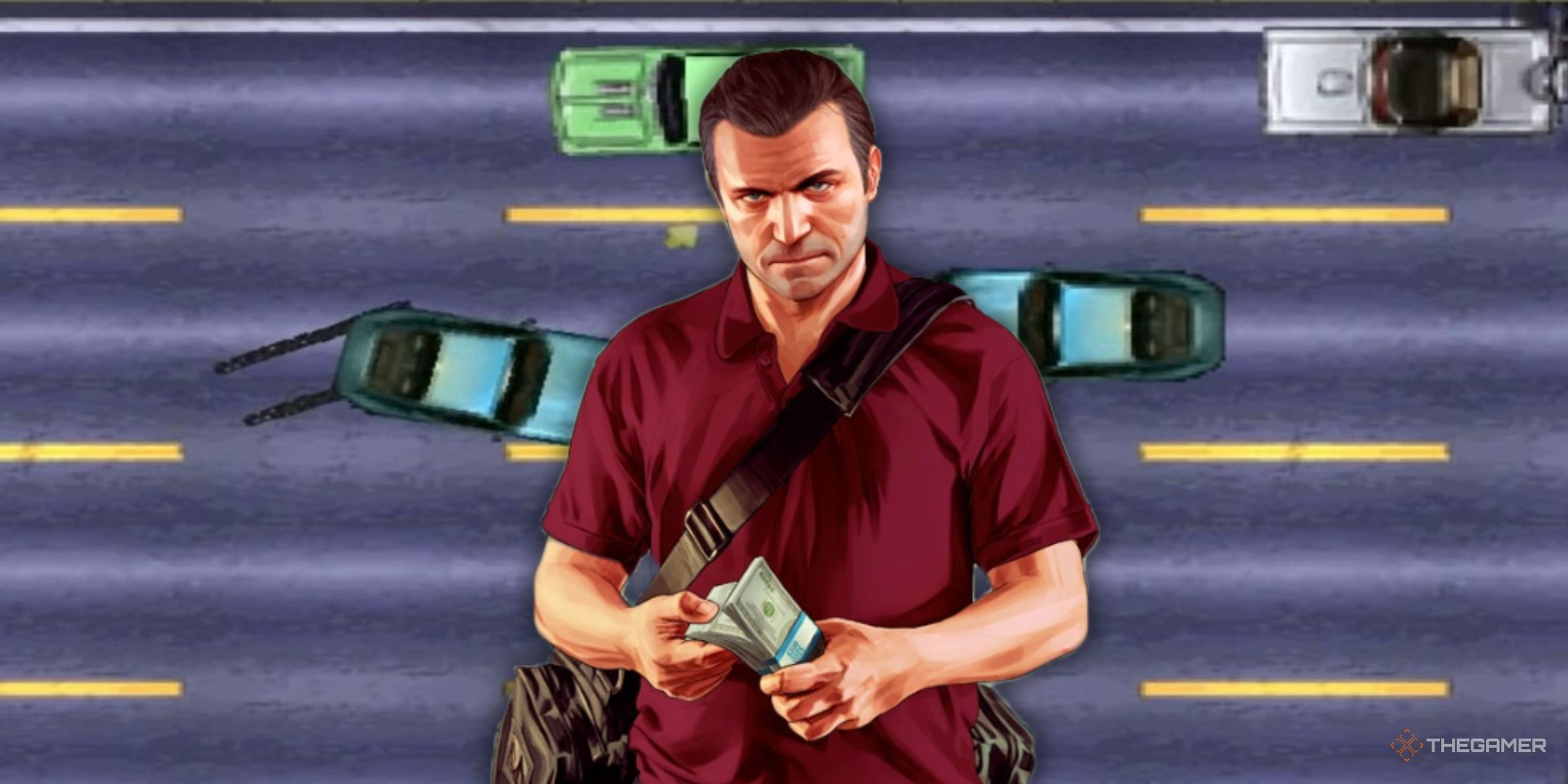 Michael from GTA 5 is holding money in an image from the original GTA.