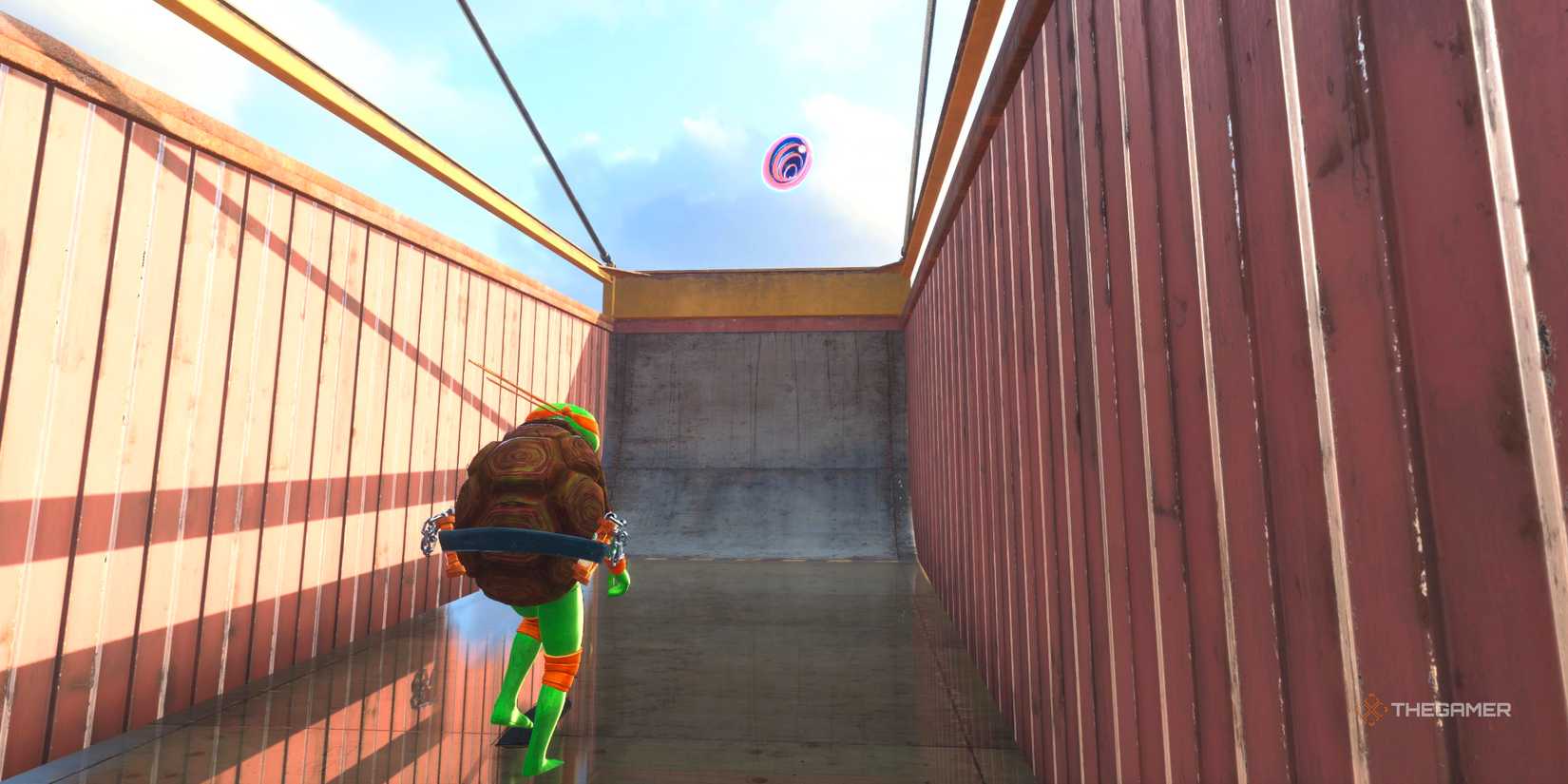 Michelangelo facing the Iron Galaxy Logo on the Shipyard stage of Tony Hawk's Pro Skater 3 + 4.