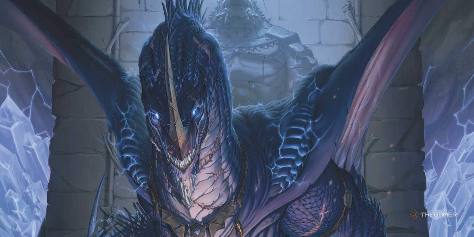 A blue dragon with an entity behind it in its lair in Dungeons & Dragons.