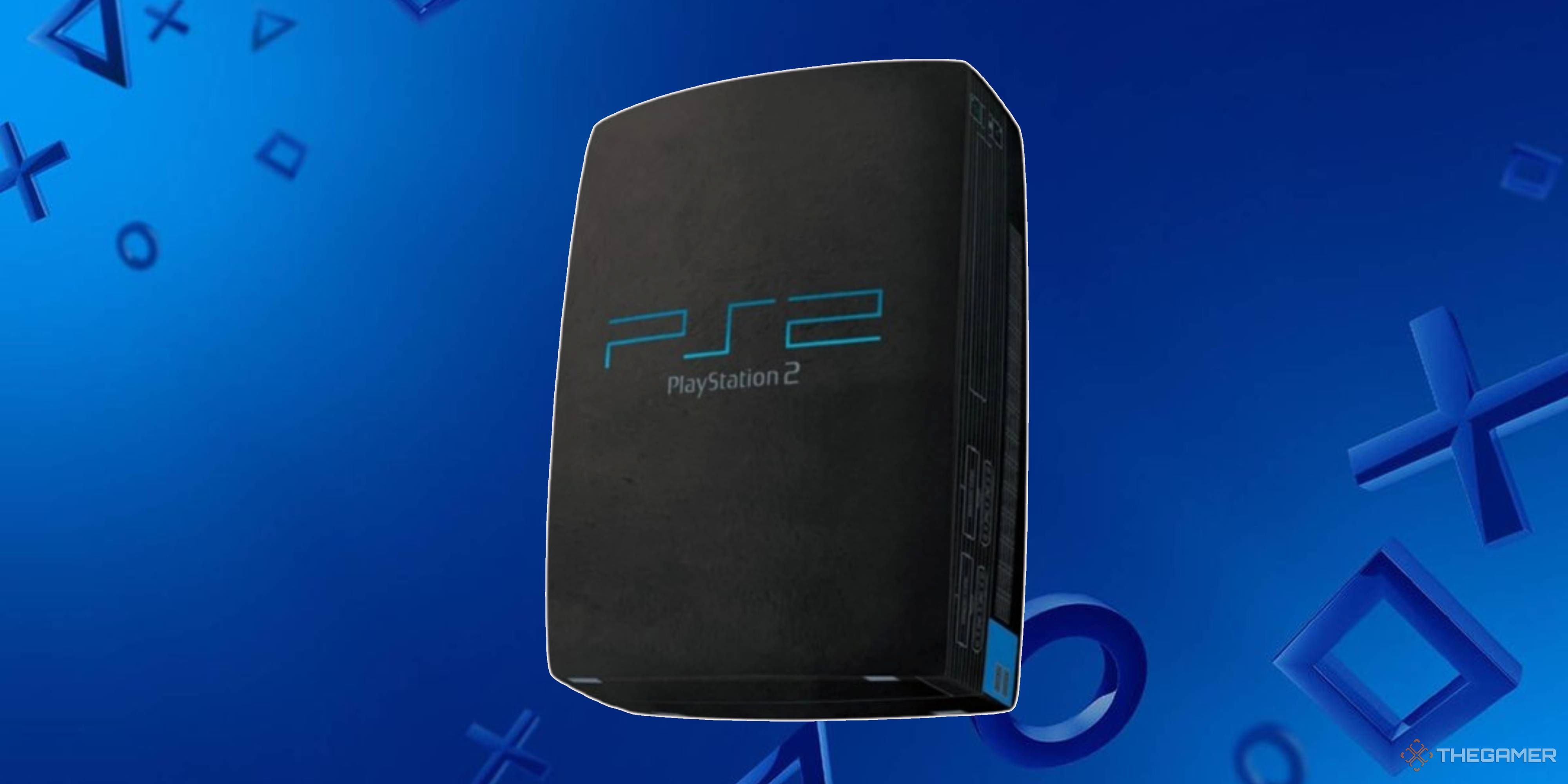 ps2 plush on a blue playstation background.