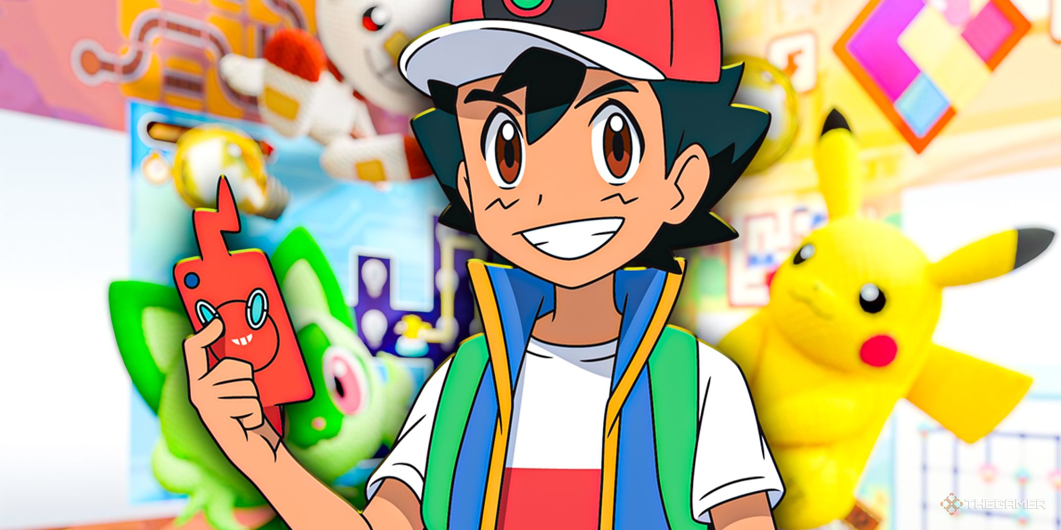 Ash holding a phone and smiling in front of Pokemon Friends.