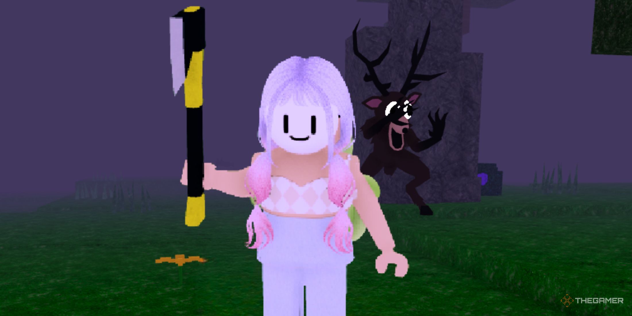 Roblox character holding an axe in Roblox 99 Nights In The Forest.