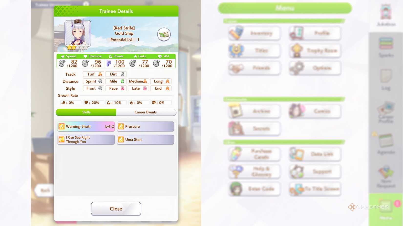 Gold Ship's initial stats overview is shown in Umamusume Pretty Derby.