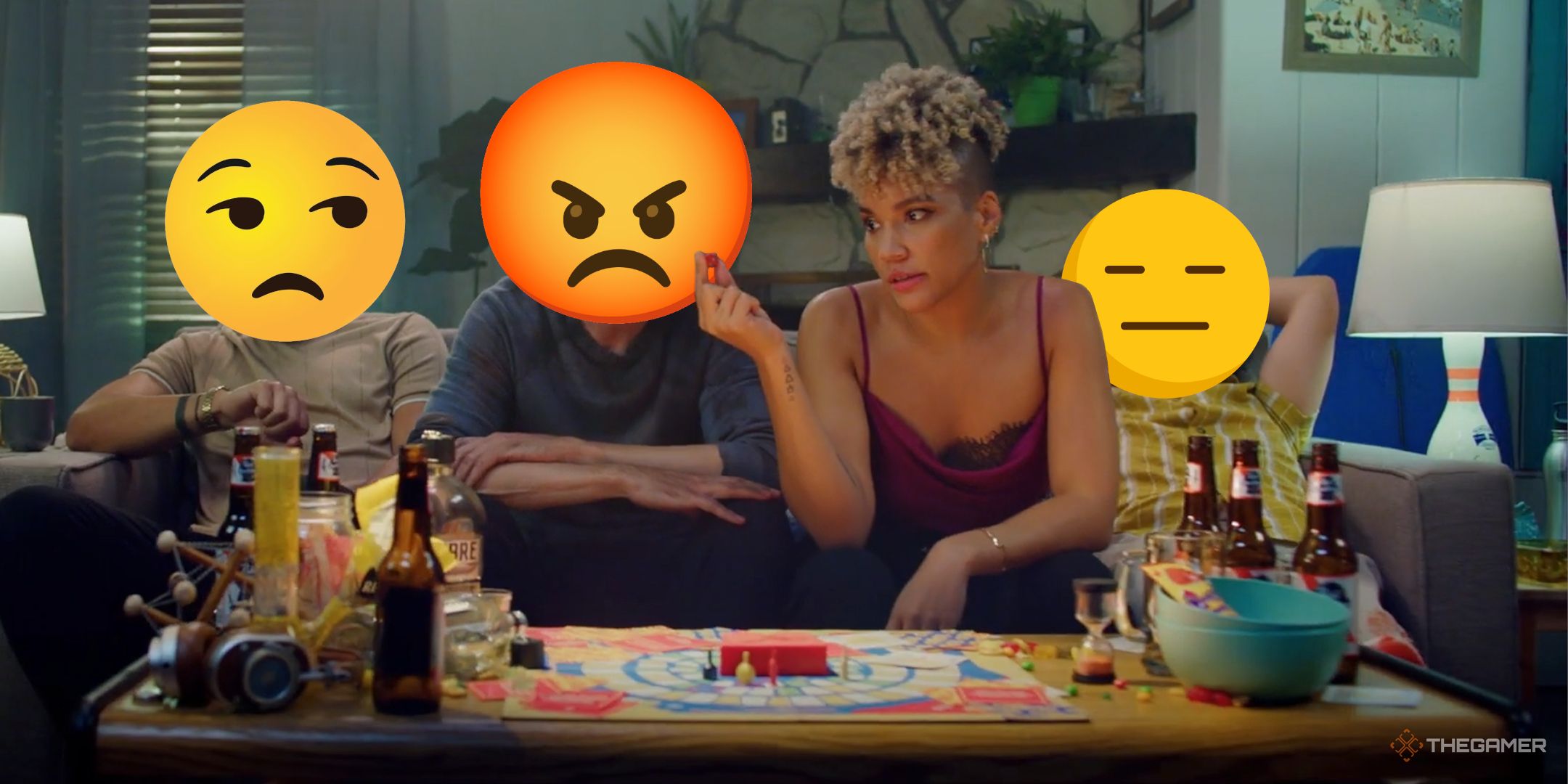 Screenshot taken from the trailer for Gatlopp Hell Of A Game with the bored, angry, and side eye emojis added.