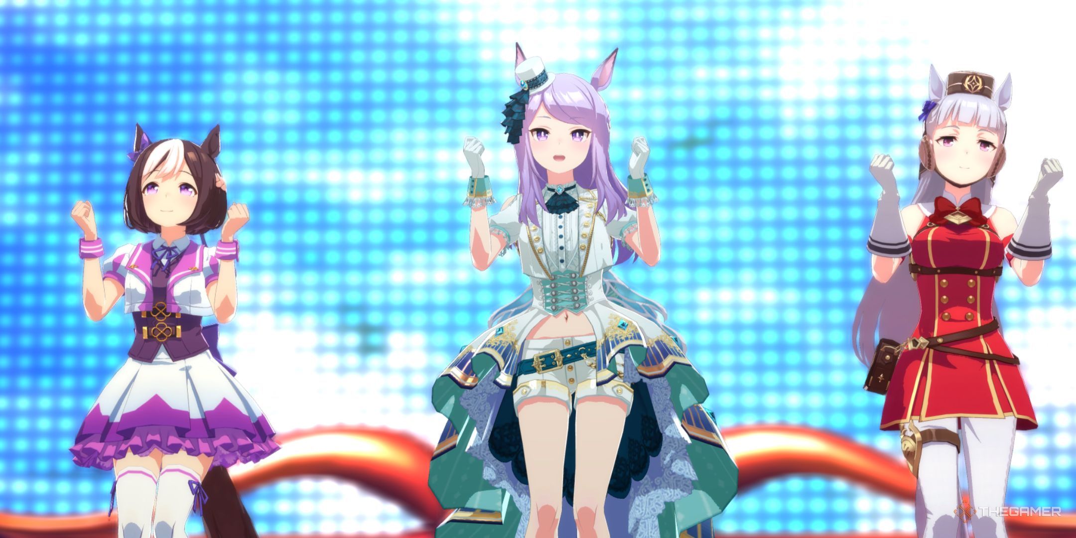 Special Week, Mejiro McQueen, and Gold Ship are shown in Umamusume Pretty Derby.