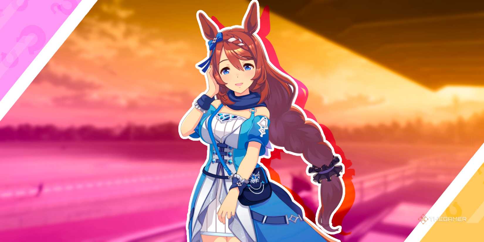 Super Creek in her race outfit in front of a race track from Umamusume: Pretty Derby.