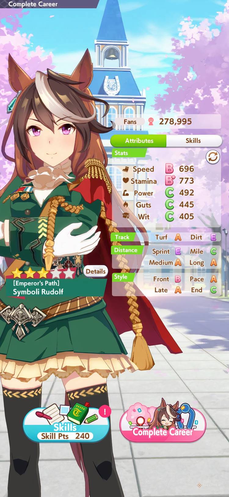 Symboli Rudolf's stats are shown in Umamusume Pretty Derby.