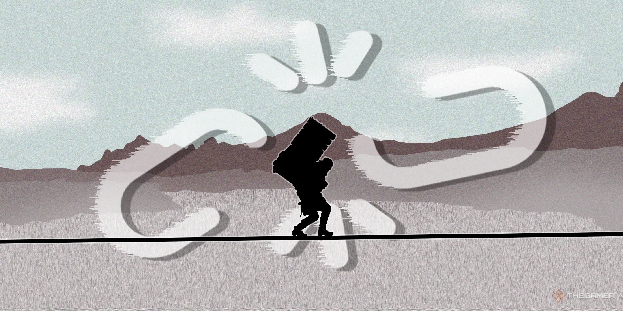 TG Death Stranding 2 Silhouette of Sam walking on ladder with chain breaking symbol.