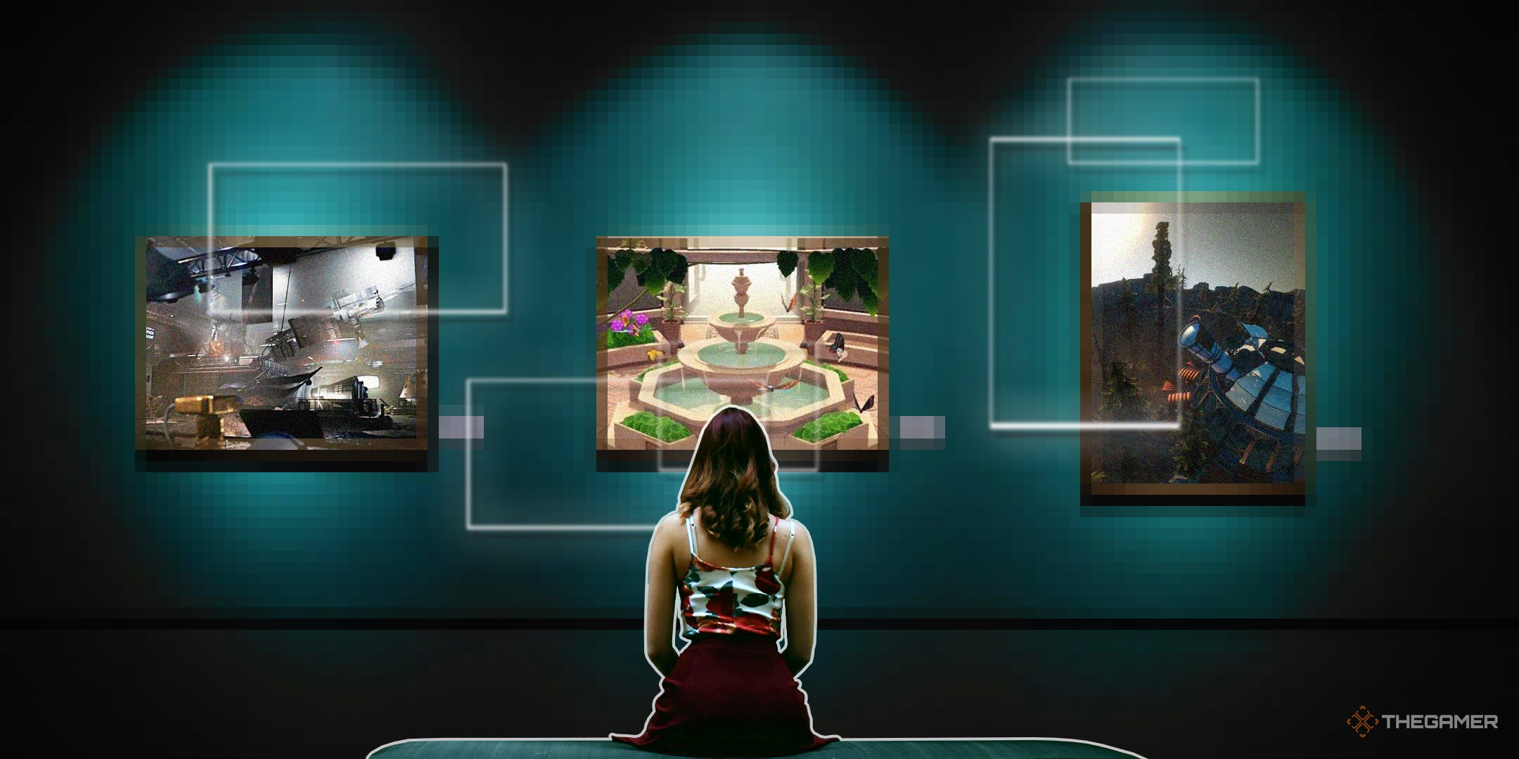 TG Video Game Museums Woman sat looking at museum frames with video game museums in the pictures.