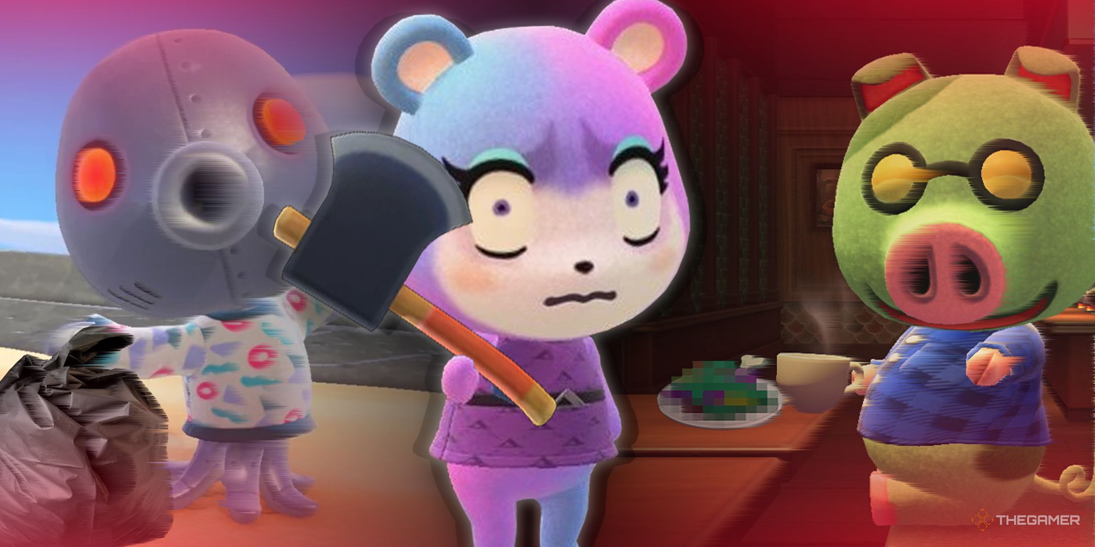 TG_Animal_Crossing_Judy_Cephalabot_and_Cobb_split_image_with_Judy_holding_an_axe