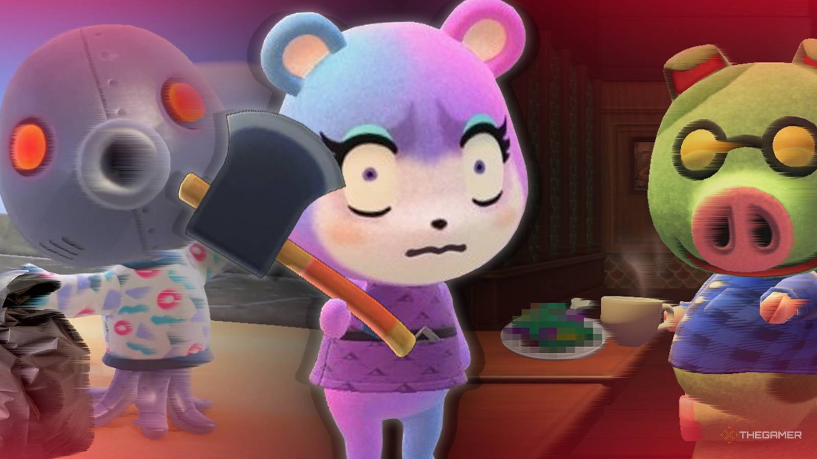 TG_Animal_Crossing_Judy_Cephalabot_and_Cobb_split_image_with_Judy_holding_an_axe