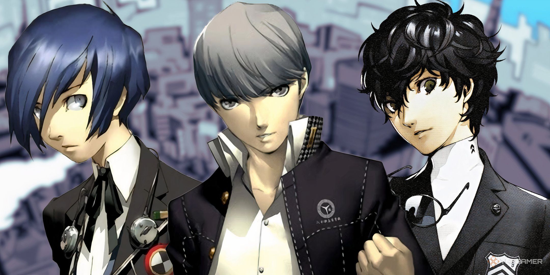 The protagonists of Persona 3, Persoa 4, and Persona 5 against a blurred background of the Persona 5 calendar.
