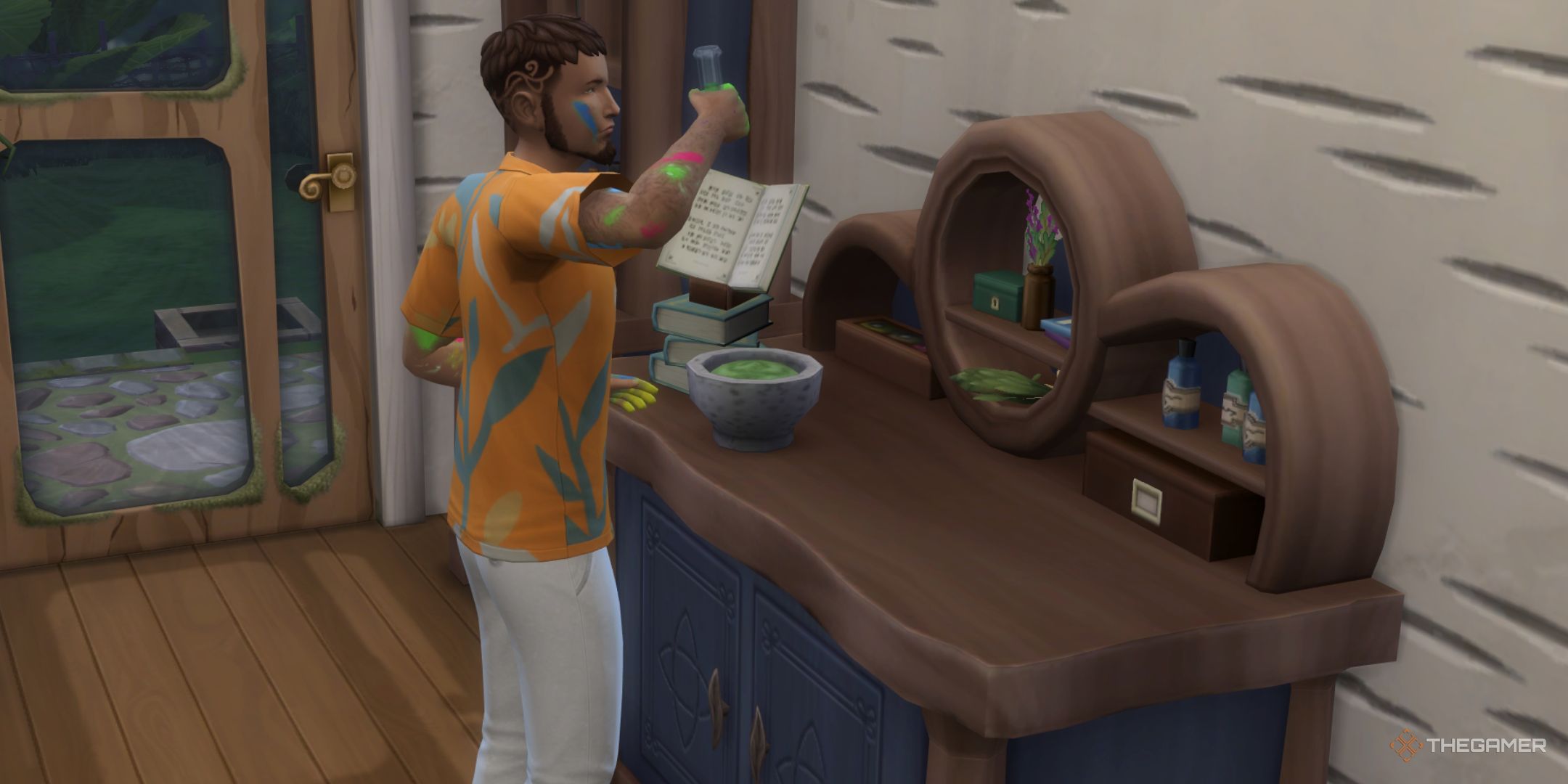 The Sims 4 sim craftingh as cure for the ailment he has in enchanted by nature.